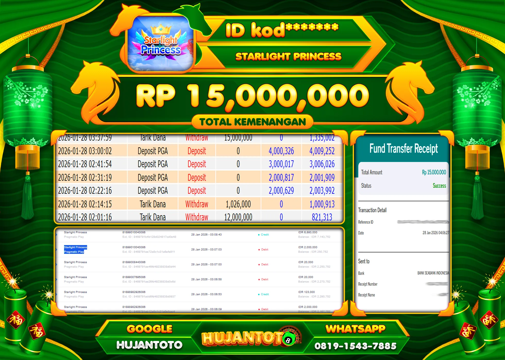 HUJANTOTO - BUKTI JACKPOT MENANG SLOT STARLIGHT PRINCES  Rp.15,000,000 - TERBAYAR LUNAS