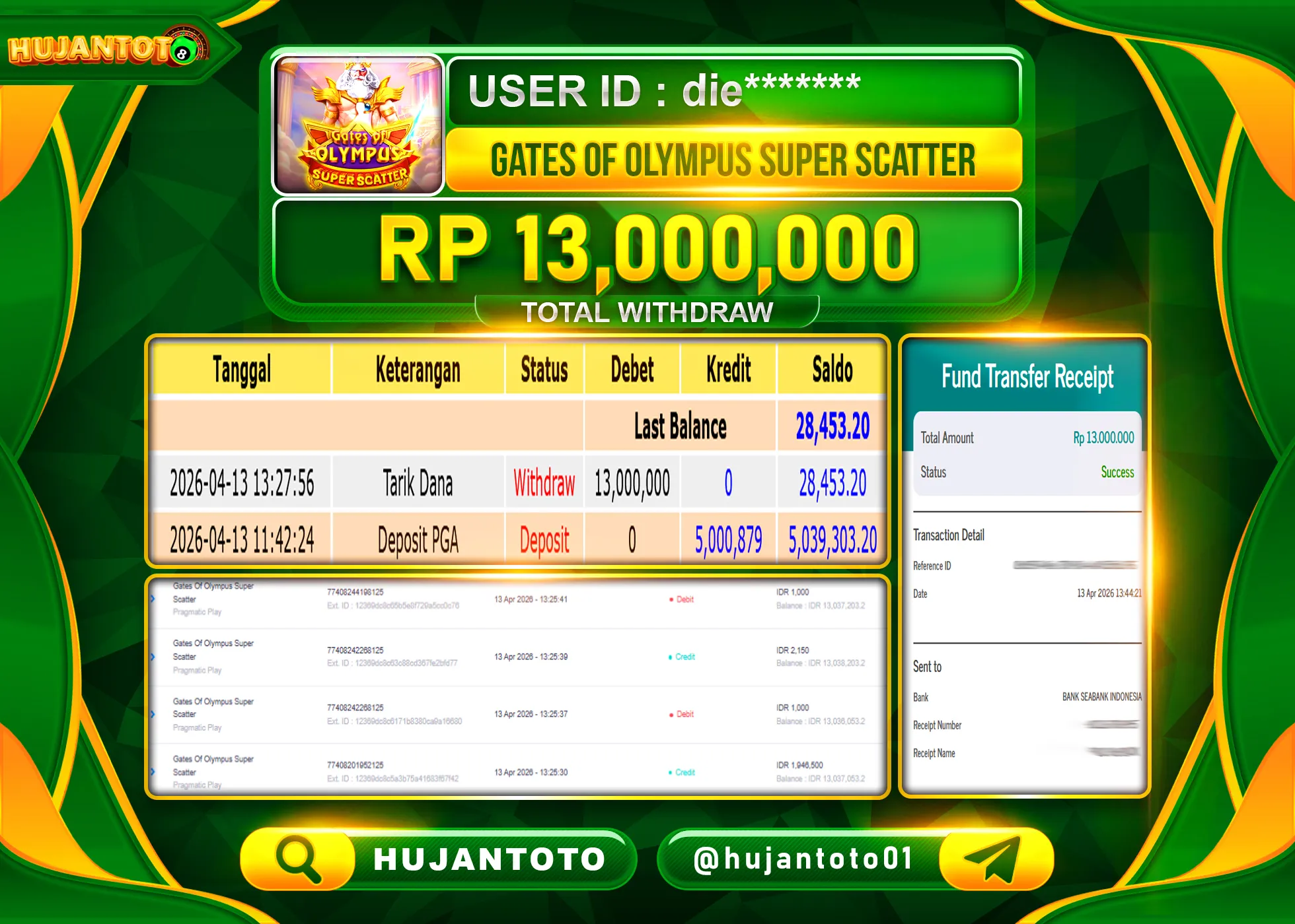 HUJANTOTO - BUKTI JACKPOT MENANG GATES OF OLYMPUS SUPER SCATTER Rp.13,000,000 - TERBAYAR LUNAS