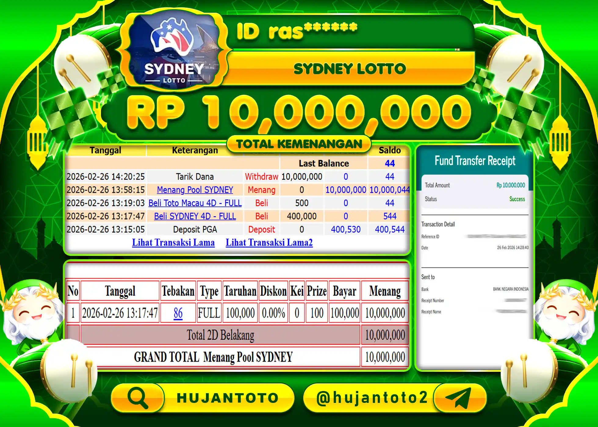 HUJANTOTO - BUKTI JACKPOT MENANG GAME TOGEL SYDNEY LOTTO Rp.10,000,000 - TERBAYAR LUNAS