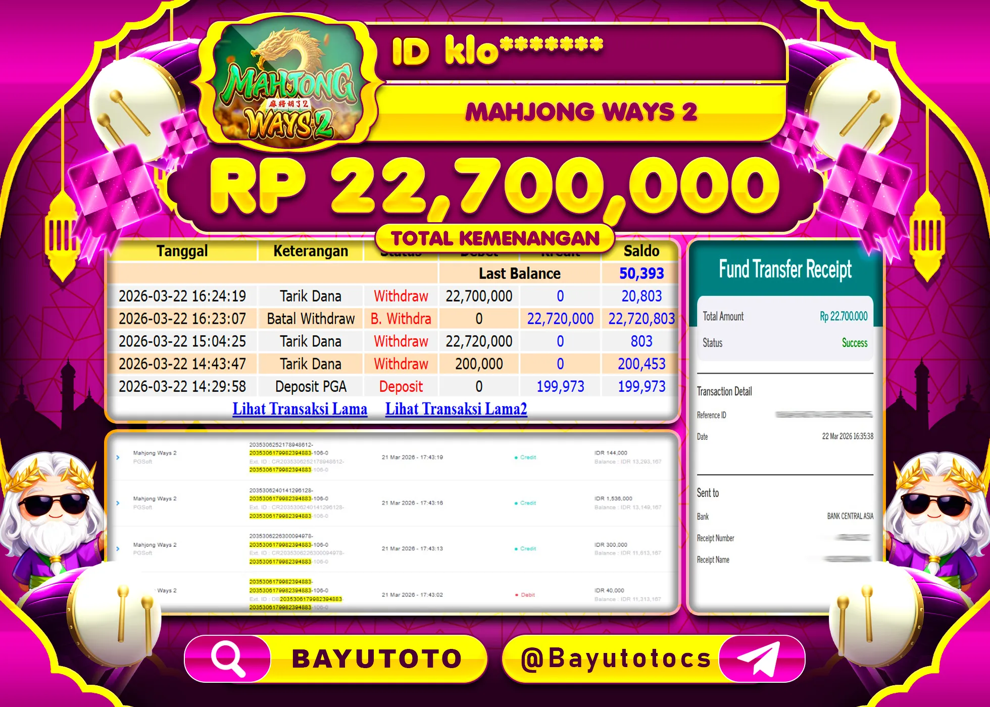 SELAMAT MEMBER SETIA BAYUTOTO JACKPOT DI SLOT MAHJONG WAYS 2(PGSOFT) Rp. 22,700,000 LUNAS