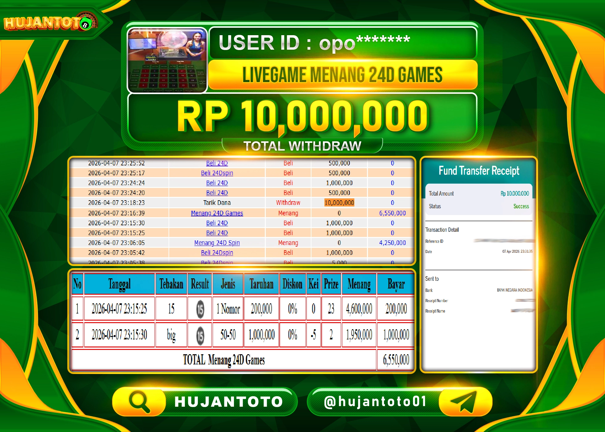 HUJANTOTO - BUKTI JACKPOT MENANG LIVEGAME 24D GAMES Rp.10,000,000 - TERBAYAR LUNAS