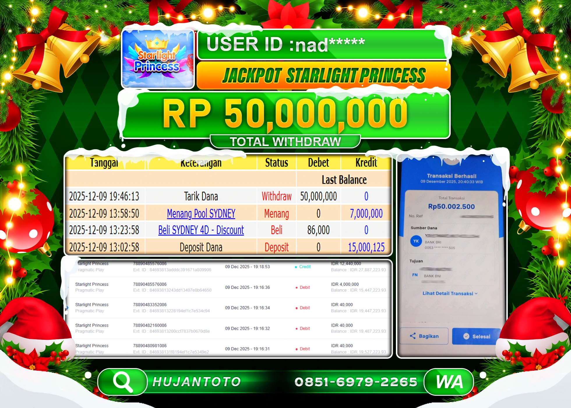 HUJANTOTO - BUKTI JACKPOT MENANG SLOT STARLIGHT PRINCESS Rp.50,000,000 - TERBAYAR LUNAS