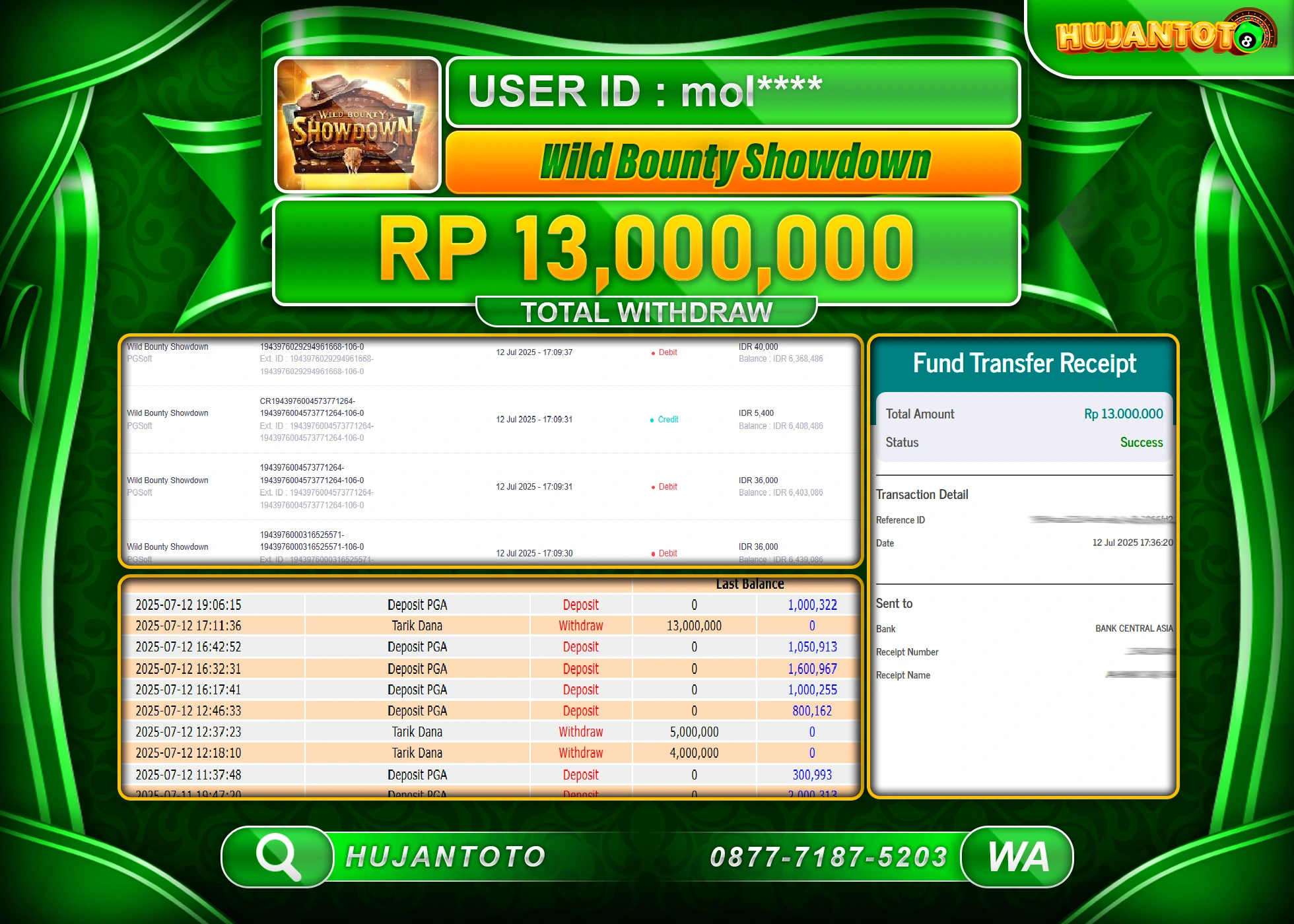 HUJANTOTO - BUKTI JACKPOT MENANG SLOT WILD BOUNTY SHOWDOWN Rp.13,000,000 - TERBAYAR LUNAS