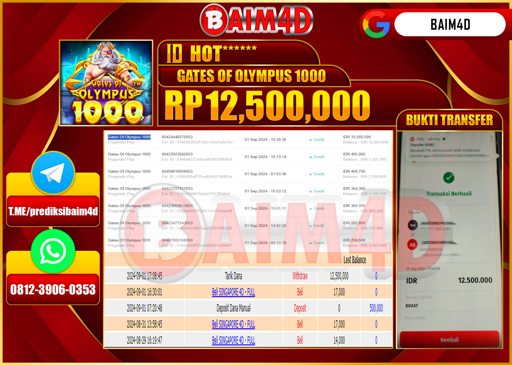 BAIM4D JACKPOT GATES OF OLYMPUS 1000 Rp.12.500,000.- LUNAS