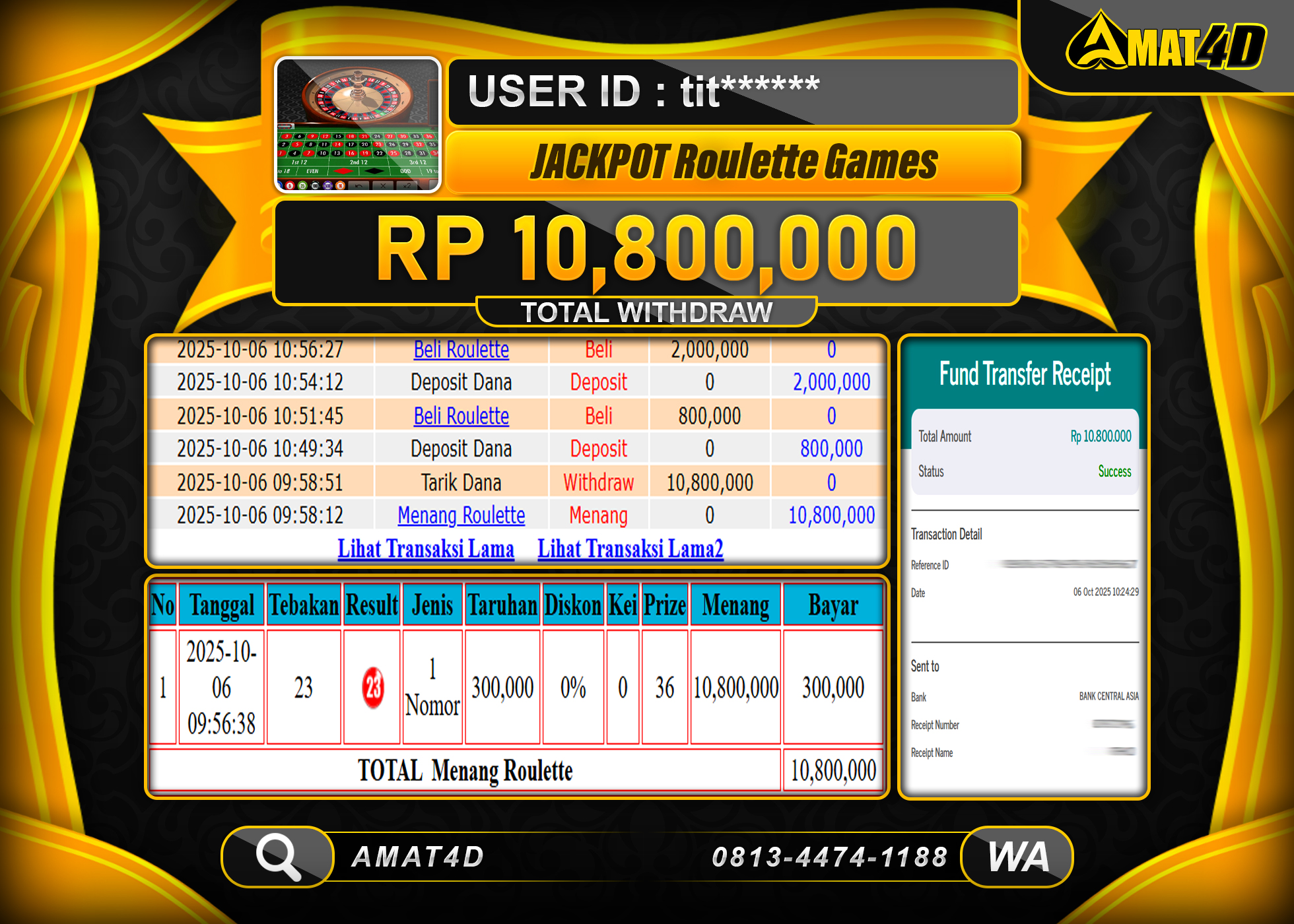 AMAT4D KEMENANGAN LIVE CASINO ROULETTE GAMES Rp.10.800.000 BERHASIL TERBAYAR LUNAS