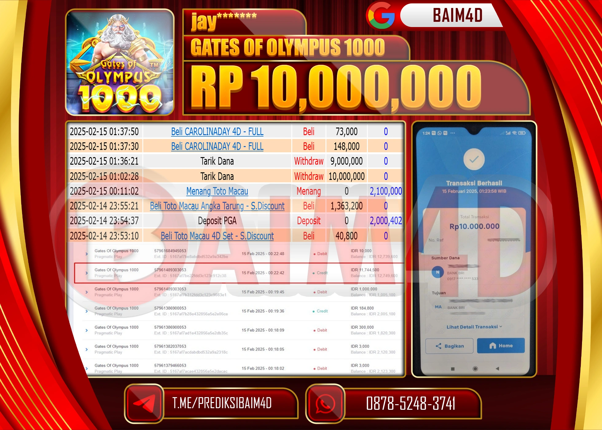BAIM4D MENANG JACKPOT GATES OF OLYMPUS  Rp.10.000,000.