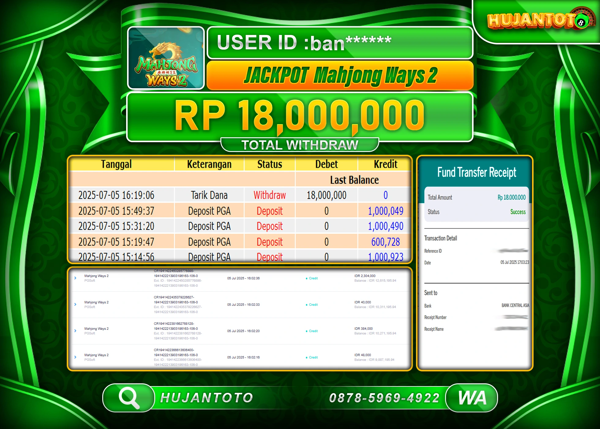HUJANTOTO - BUKTI JACKPOT MENANG SLOT MAHJONG WAYS 2 Rp.18,000,000 - TERBAYAR LUNAS
