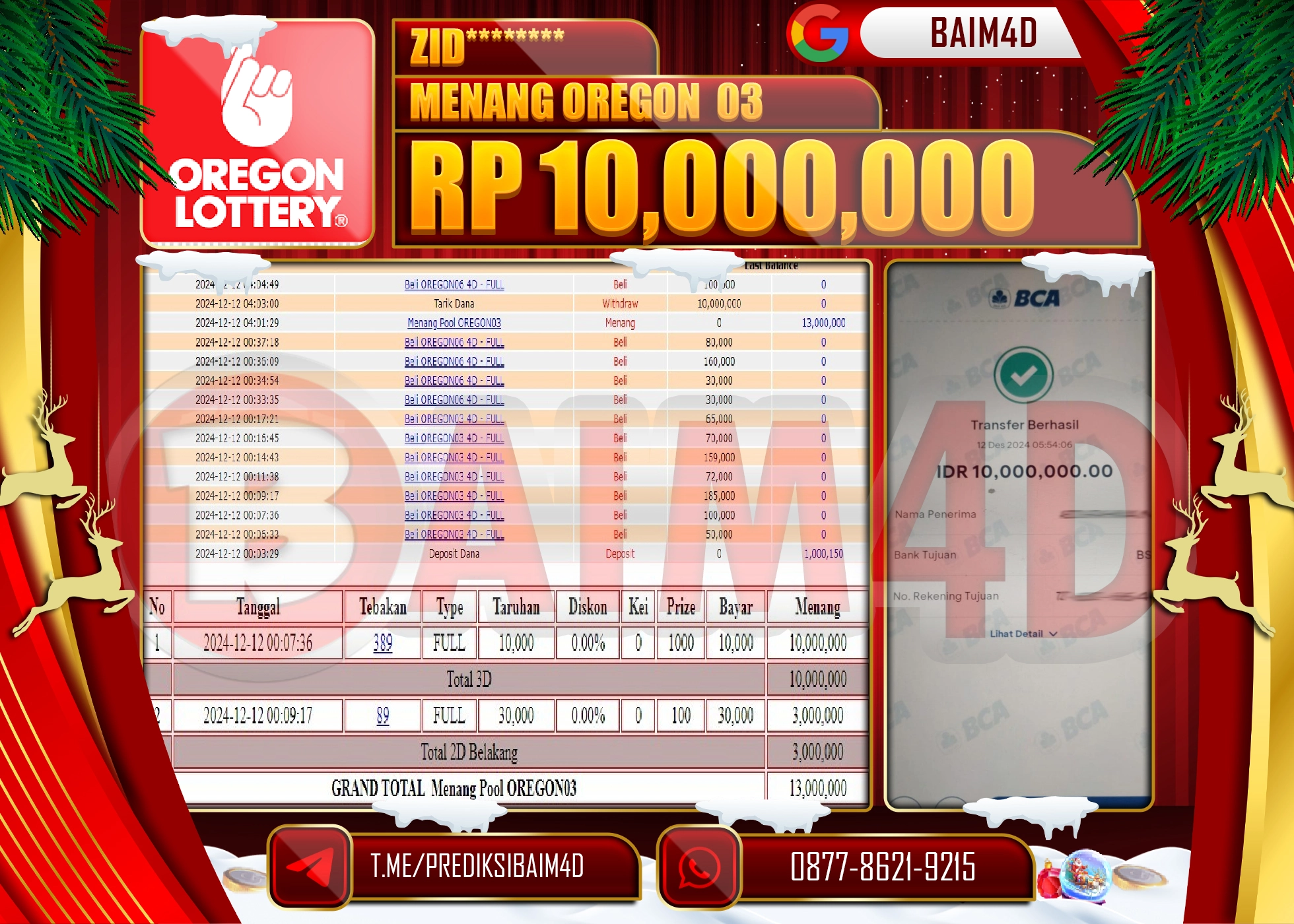 BAIM4D JACKPOT MENANG OREGON 03 POOLS Rp.10.000,000.- LUNAS