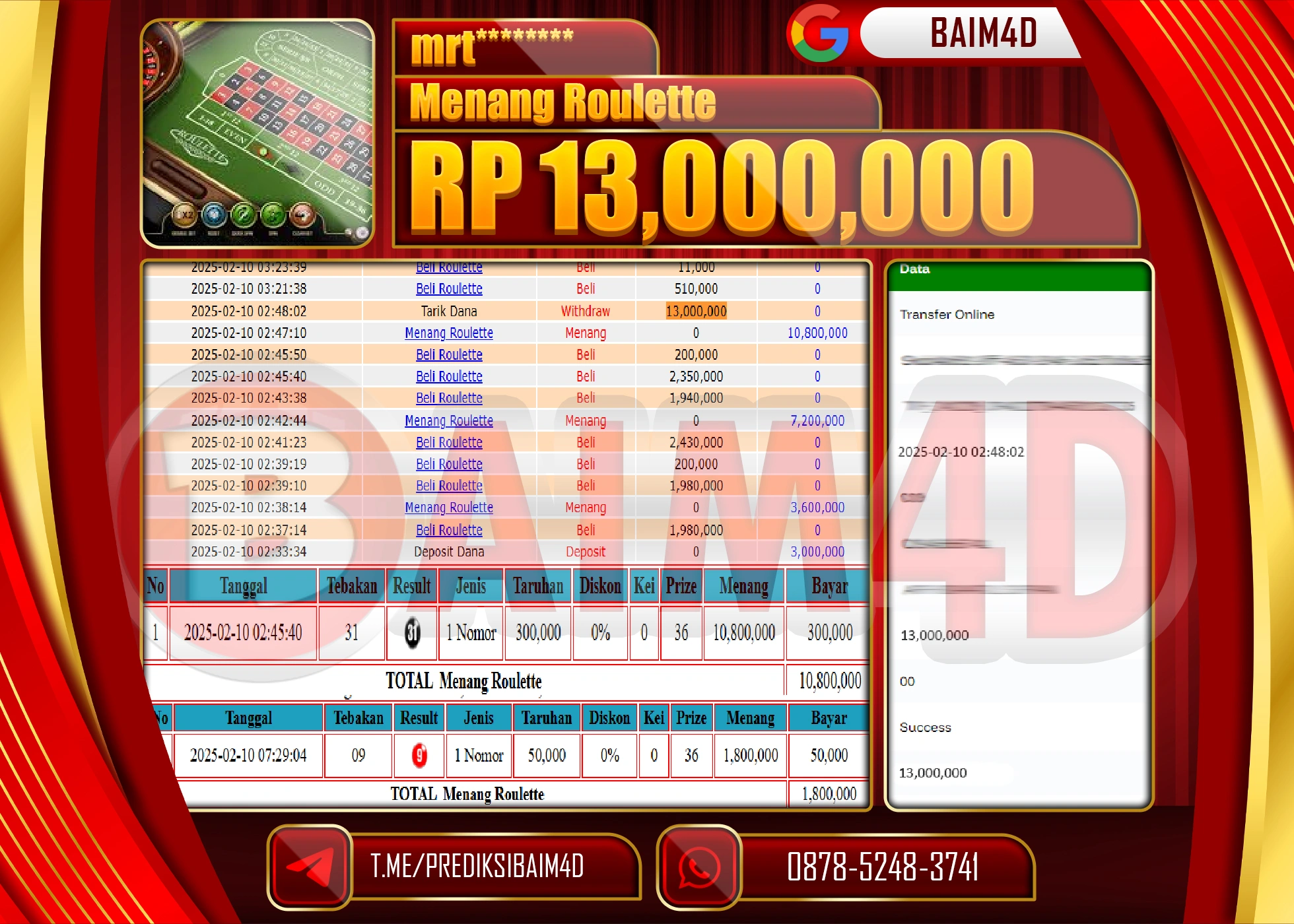BAIM4D MENANG  MENANG ROULLETE GAMES   Rp.13.000,000.
