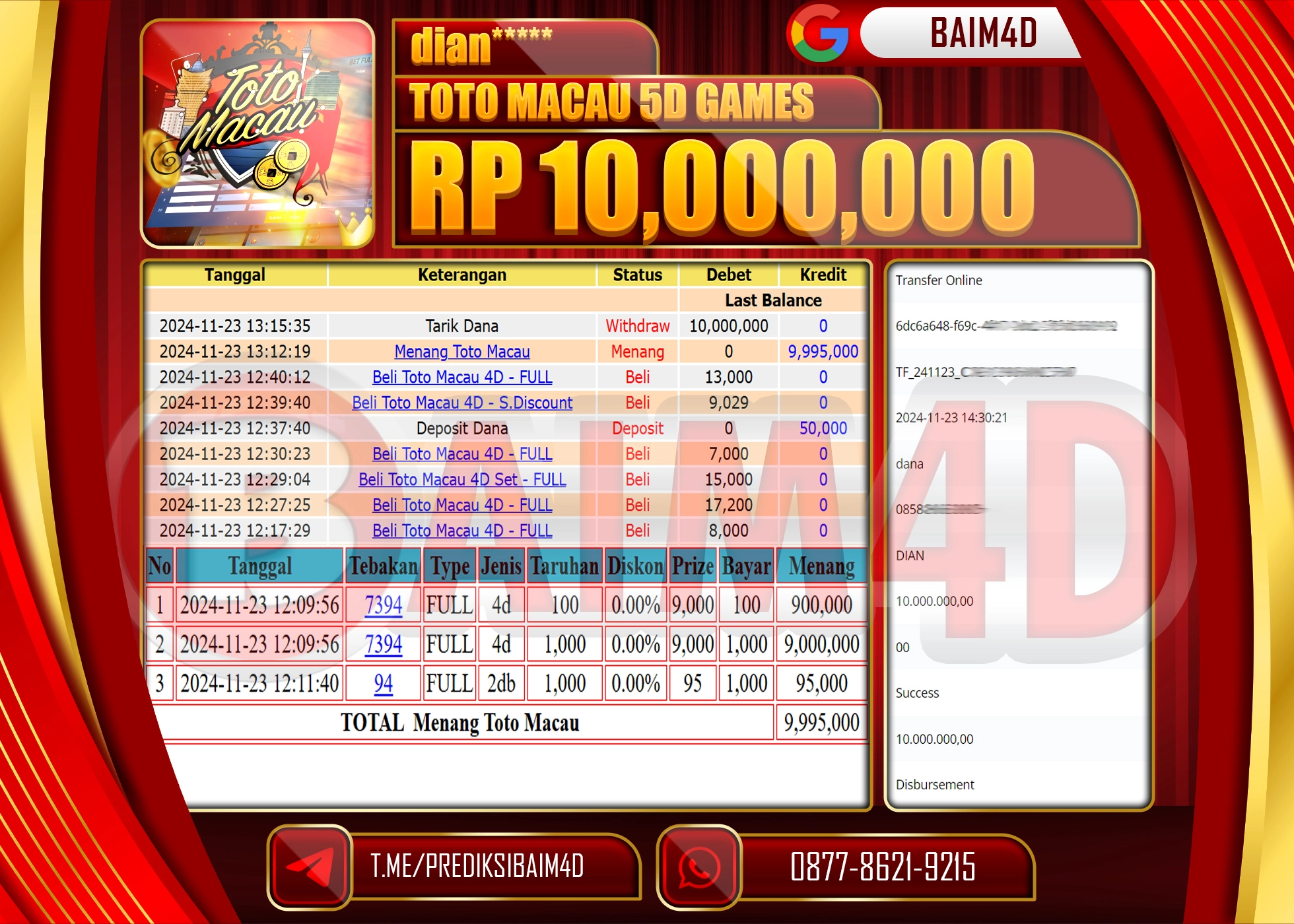 BAIM4D JACKPOT MENANG TOTO MACAU 5D GAMES Rp.10.000,000.- LUNAS