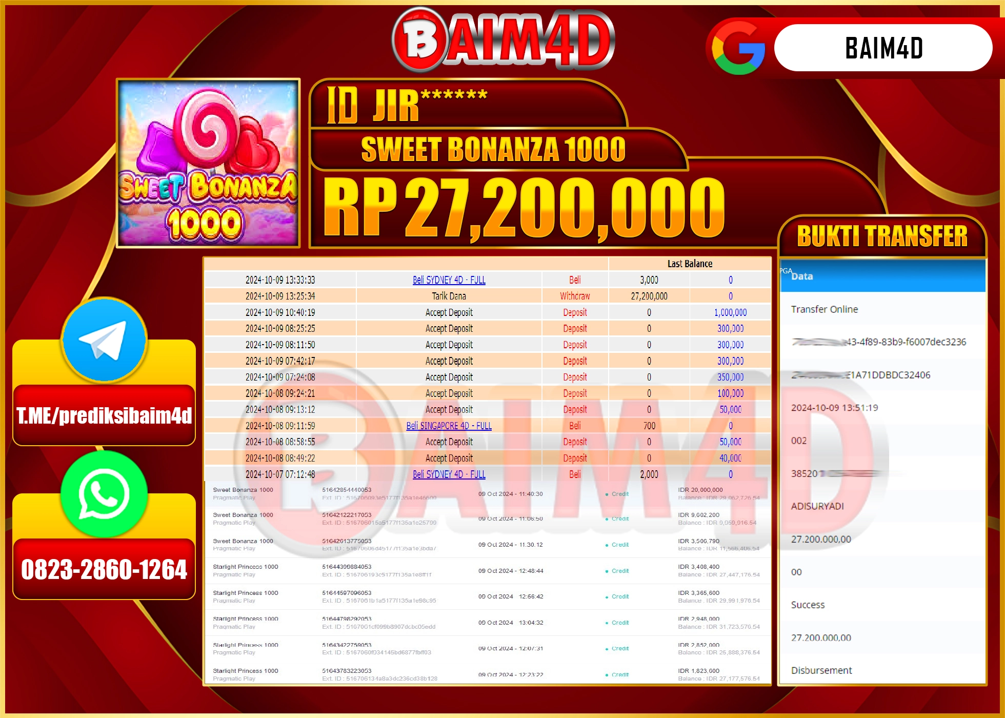 BAIM4D JACKPOT Slot Sweet Bonanza 1000 (Pragmatic Play) Rp.27,200,000.- LUNAS