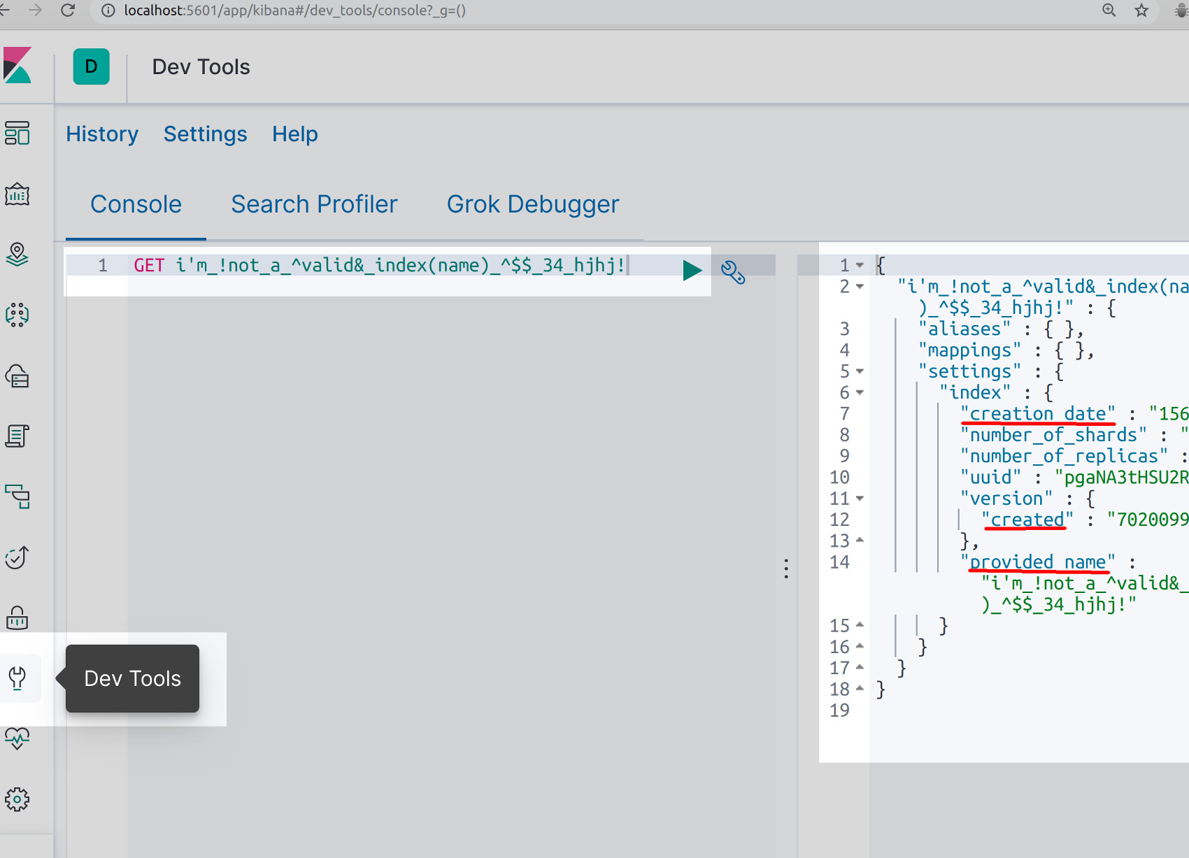 Screenshot of Kibana getting an Elasticsearch index created in a Python script