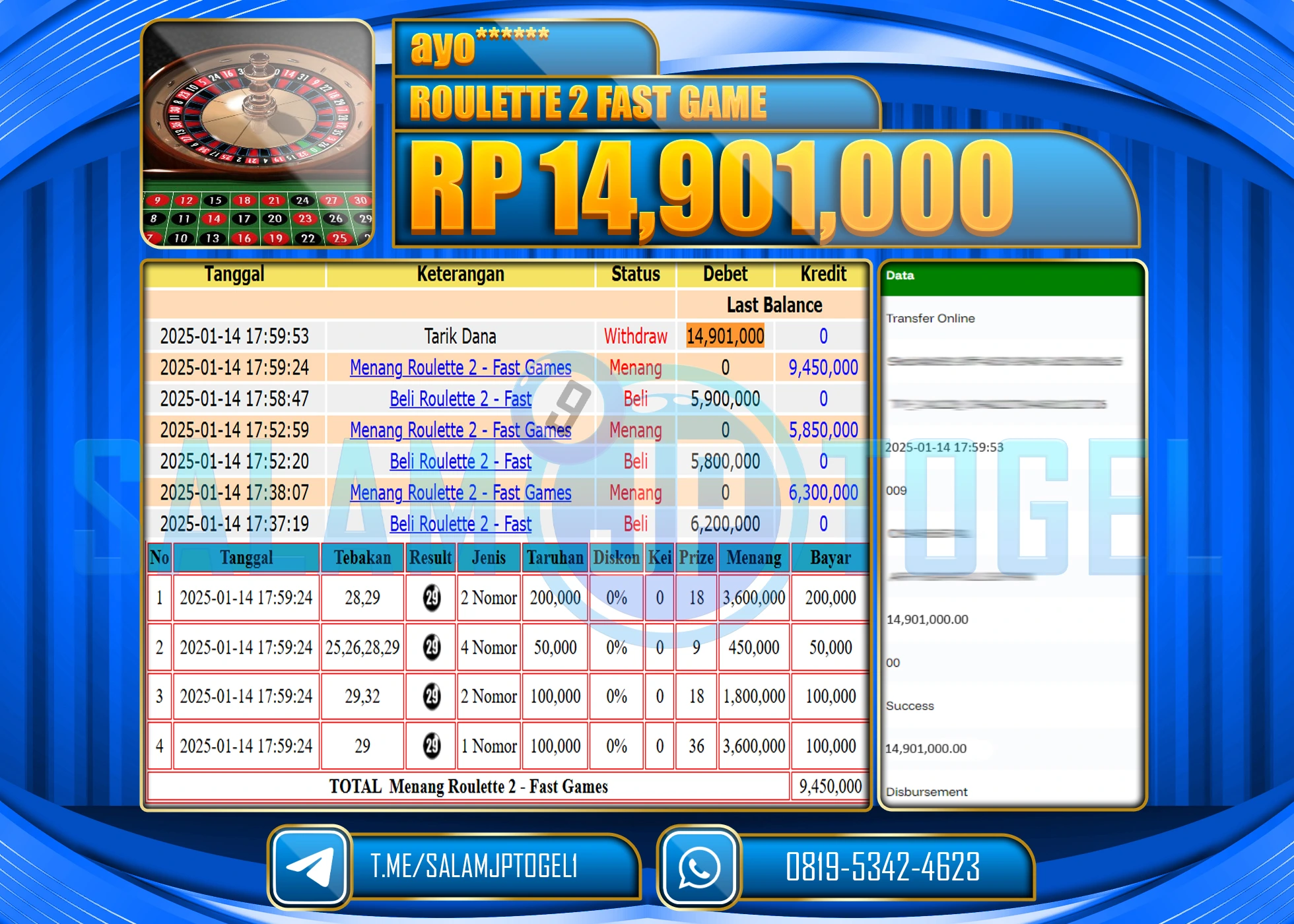 SALAMJPTOGEL MENANG ROULETTE 2 FAST GAME Rp.14,901,000 LUNAS