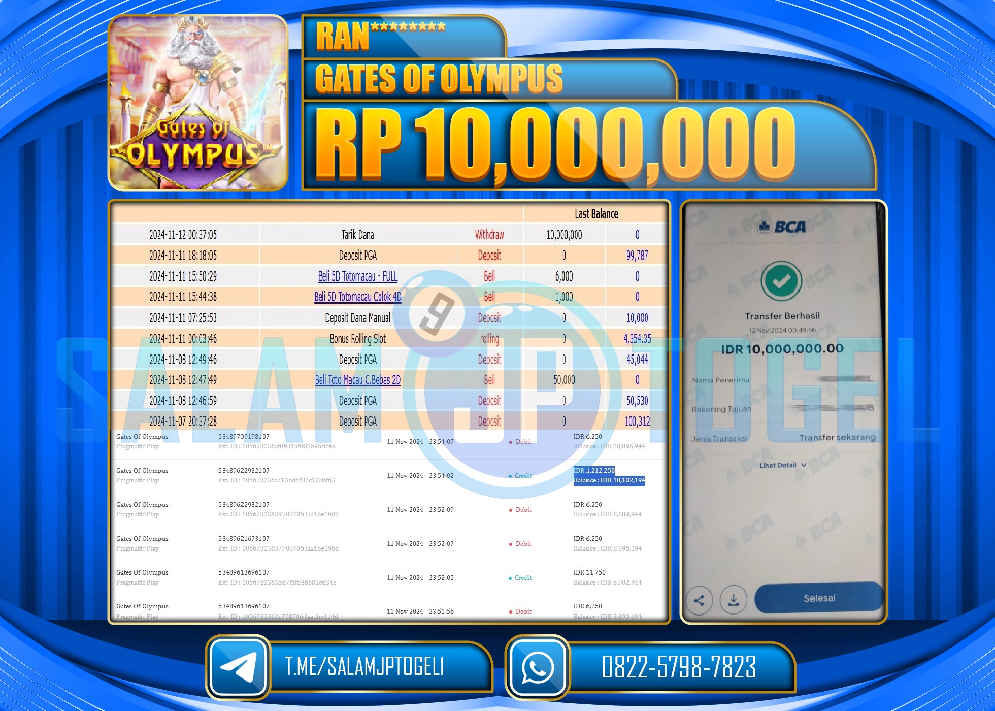 SALAMJPTOGEL MENANG GATES OF OLYMPUS RP. 10,000,000 LUNAS