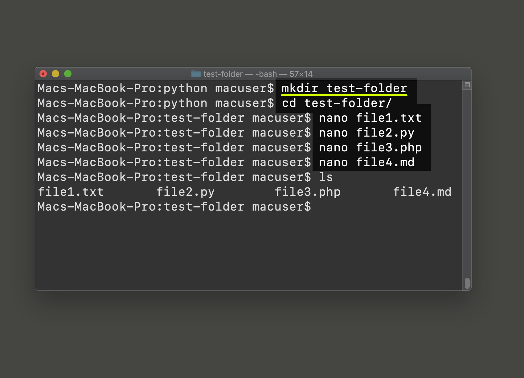 Screenshot of a terminal window creating a directory and files