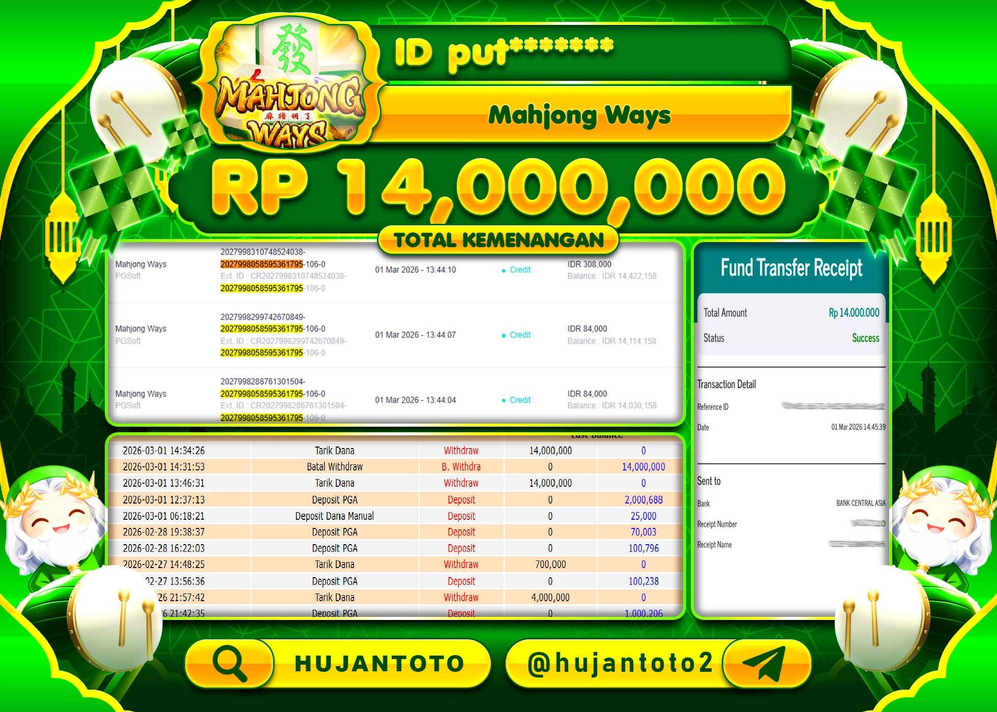 HUJANTOTO - BUKTI JACKPOT MENANG SLOT MAHJONG WAYS   Rp.14,000,000 - TERBAYAR LUNAS