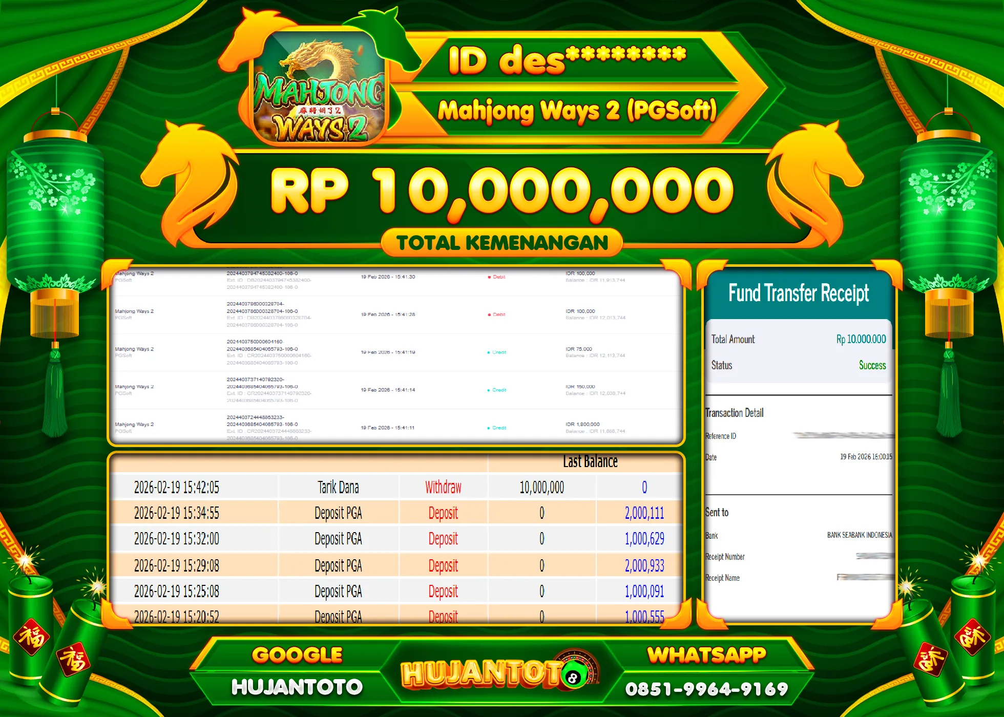 HUJANTOTO - BUKTI JACKPOT MENANG SLOT MAHJONG WAYS 2 Rp.10,000,000 - TERBAYAR LUNAS