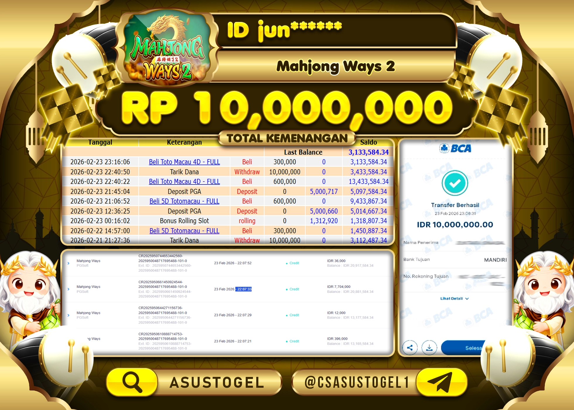 ASUSTOGEL KEMENANGAN DI SLOT MAHJONG WAYS 2 SEBESAR 10,000,000 - RUPIAH LUNAS