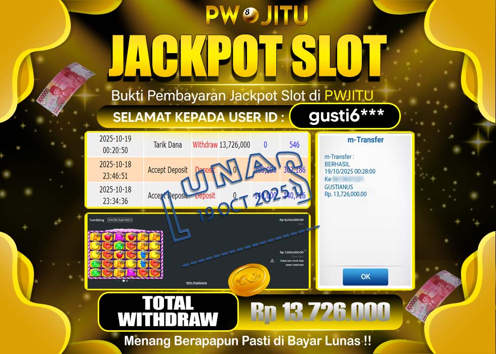 PWJITU JACKPOT SLOT SWEET RUSH BONANZA Rp.13.726.000,- LUNAS