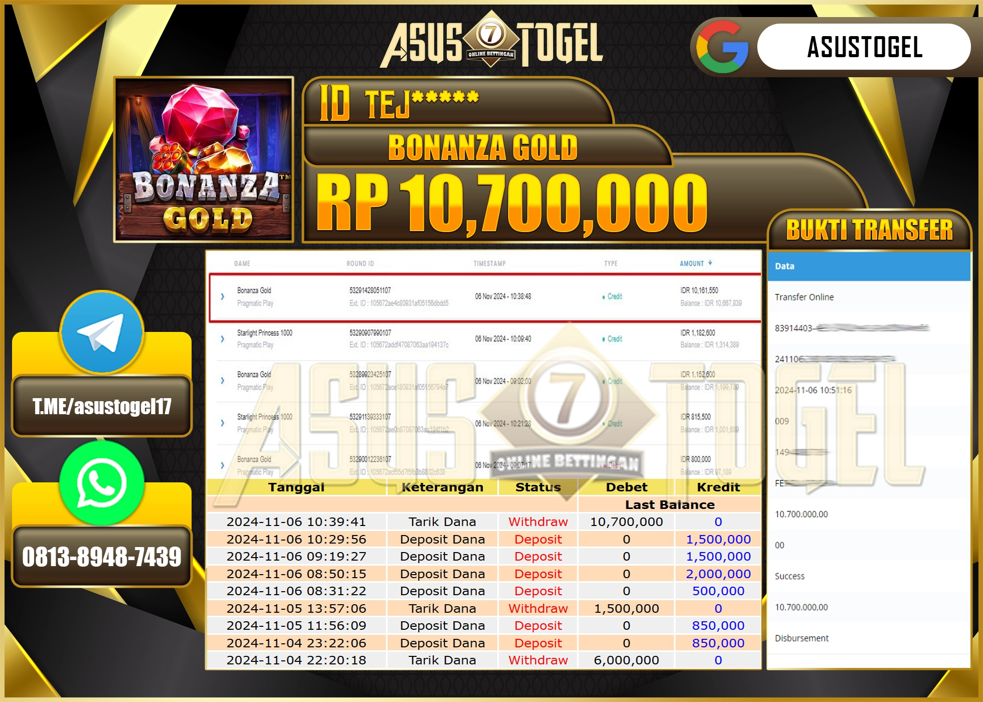 ASUSTOGEL KEMENANGAN DI SLOT BONANZA GOLD SEBESAR 10,700,000-RUPIAH LUNAS