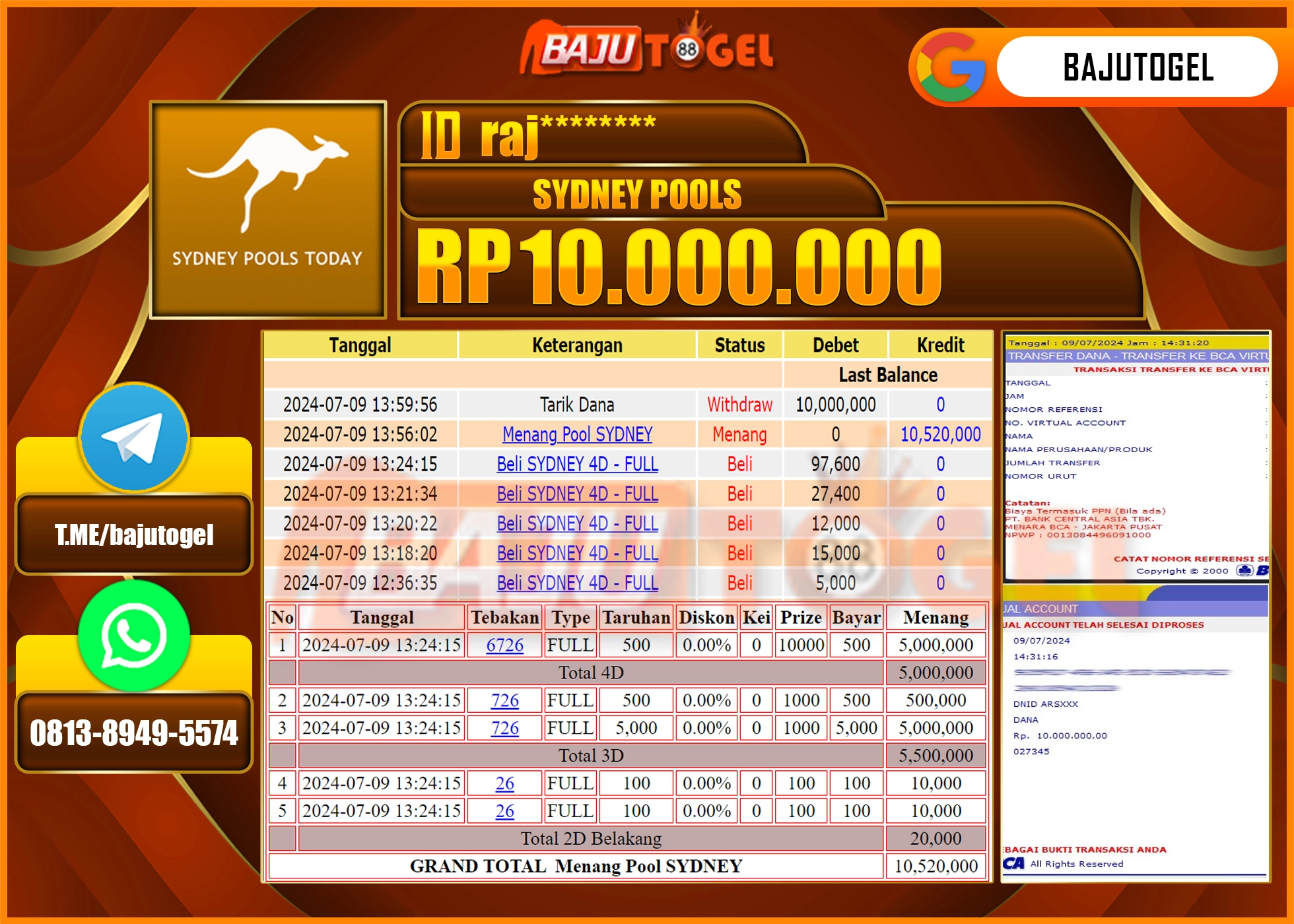 BAJUTOGEL KEMENANGAN PASARAN SYDNEY Rp.10.000.000 LUNAS