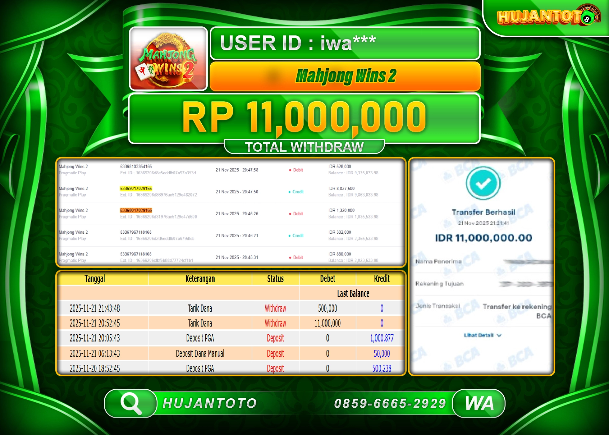 HUJANTOTO - BUKTI JACKPOT MAHJONG WINS 2 PRAGMATIC PLAY Rp.11,000,000 - TERBAYAR LUNAS