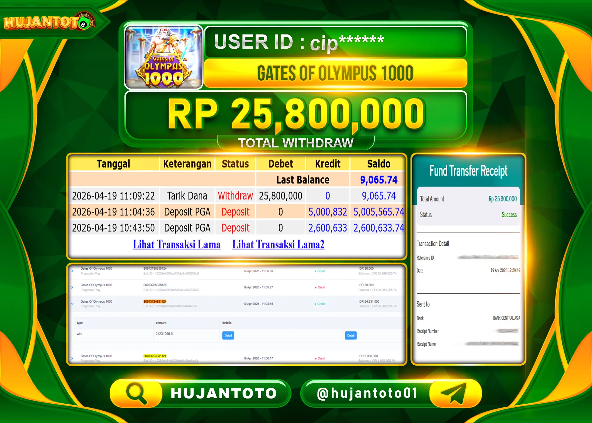 HUJANTOTO - BUKTI JACKPOT MENANG SLOT GATES OF OLYMPUS 1000 Rp.25,800,000 - TERBAYAR LUNAS