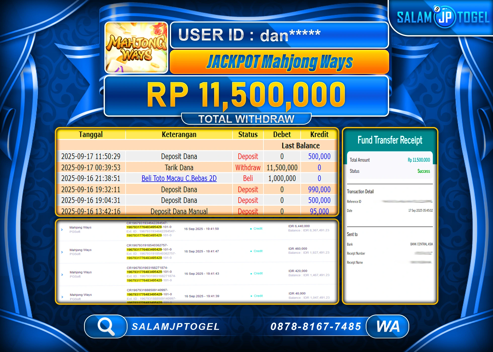 SALAMJPTOGEL MENANG JACKPOT MAHJONG WAYS  Rp.11,500,000