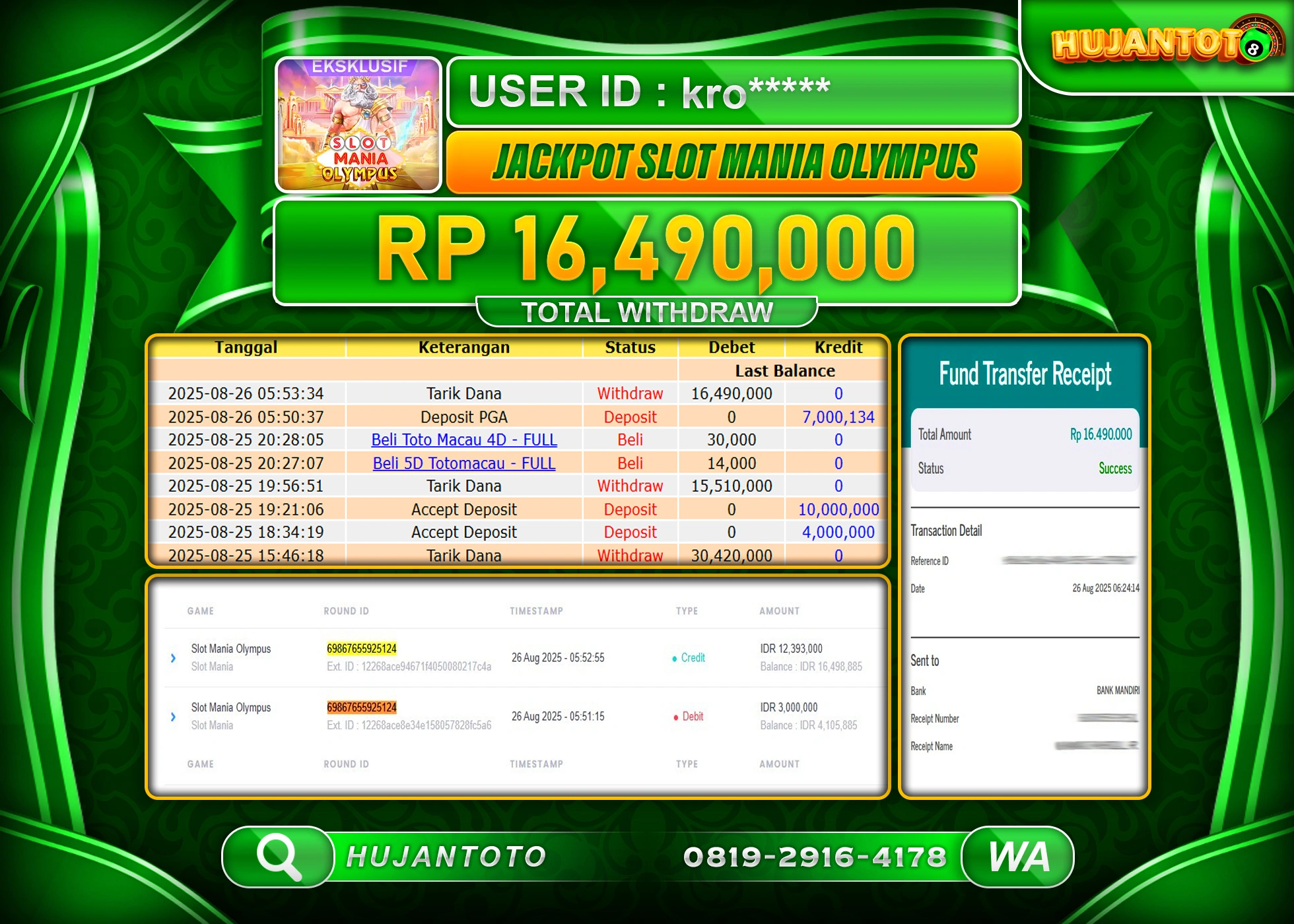 HUJANTOTO - BUKTI JACKPOT MENANG SLOT MANIA OLYMPUS Rp.16,490,000 - TERBAYAR LUNAS