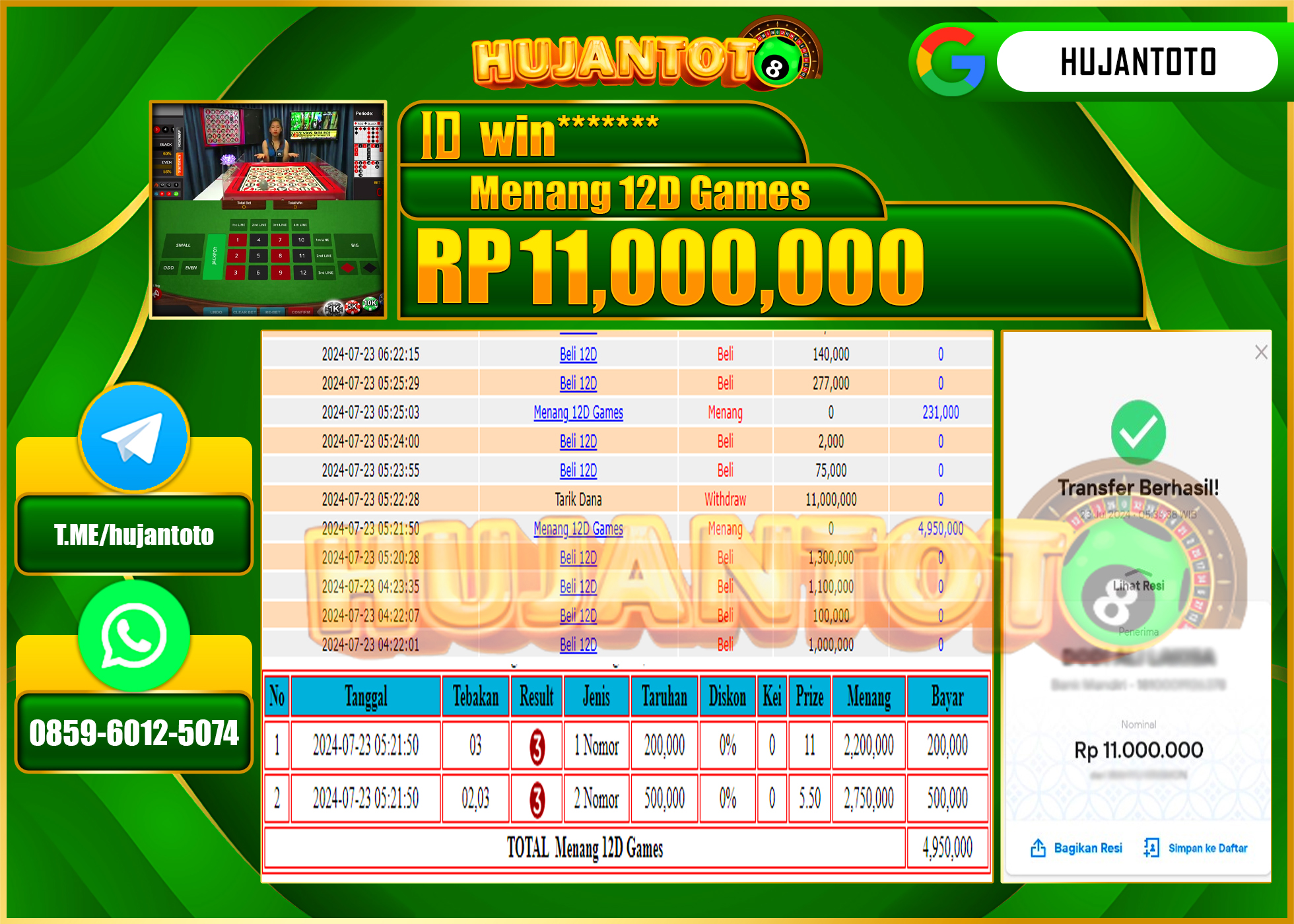HUJANTOTO MENANG PERMAINAN LIVE CASINO 12D GAMES  11.000.000 - LUNAS 