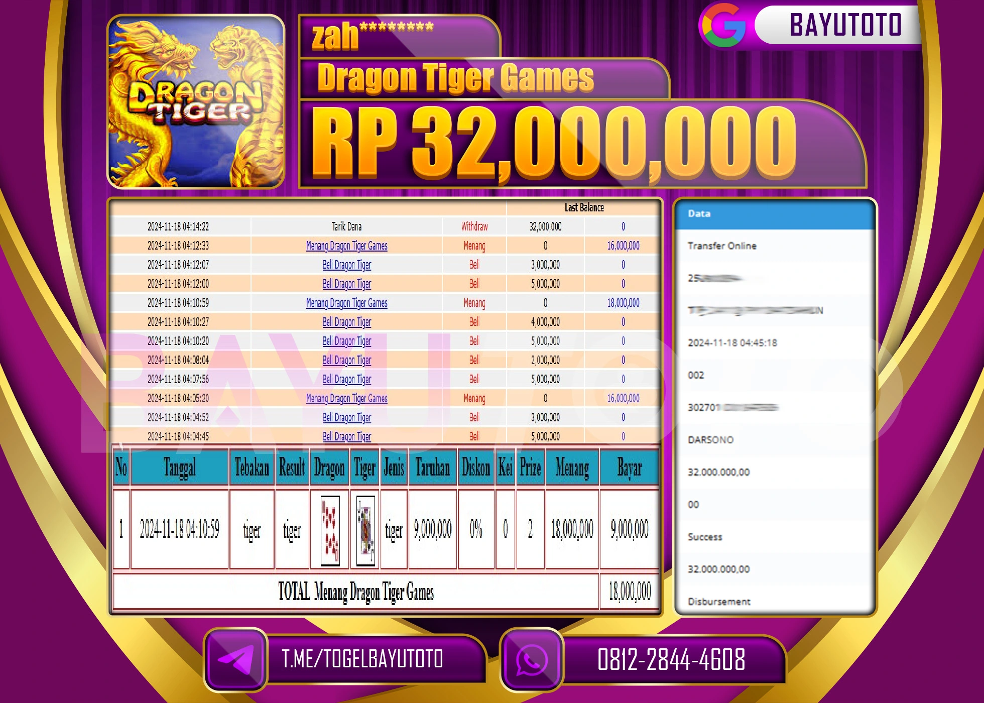 BAYUTOTO MENANG LIVE CASINO DRAGON TIGER GAMES 32,000,000 - LUNAS