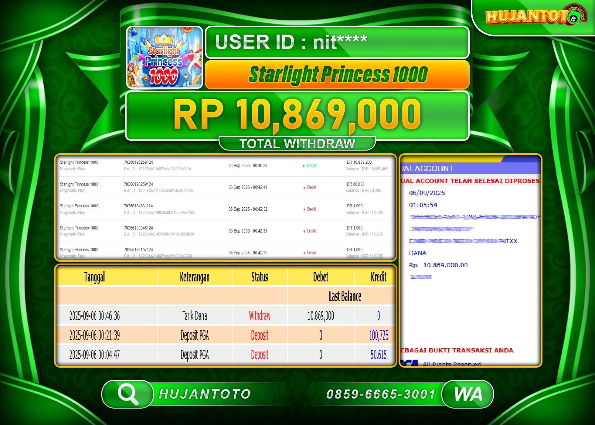 HUJANTOTO - BUKTI JACKPOT MENANG SLOT STARLIGHT PRINCESS 1000 Rp.10,869,000 - TERBAYAR LUNAS