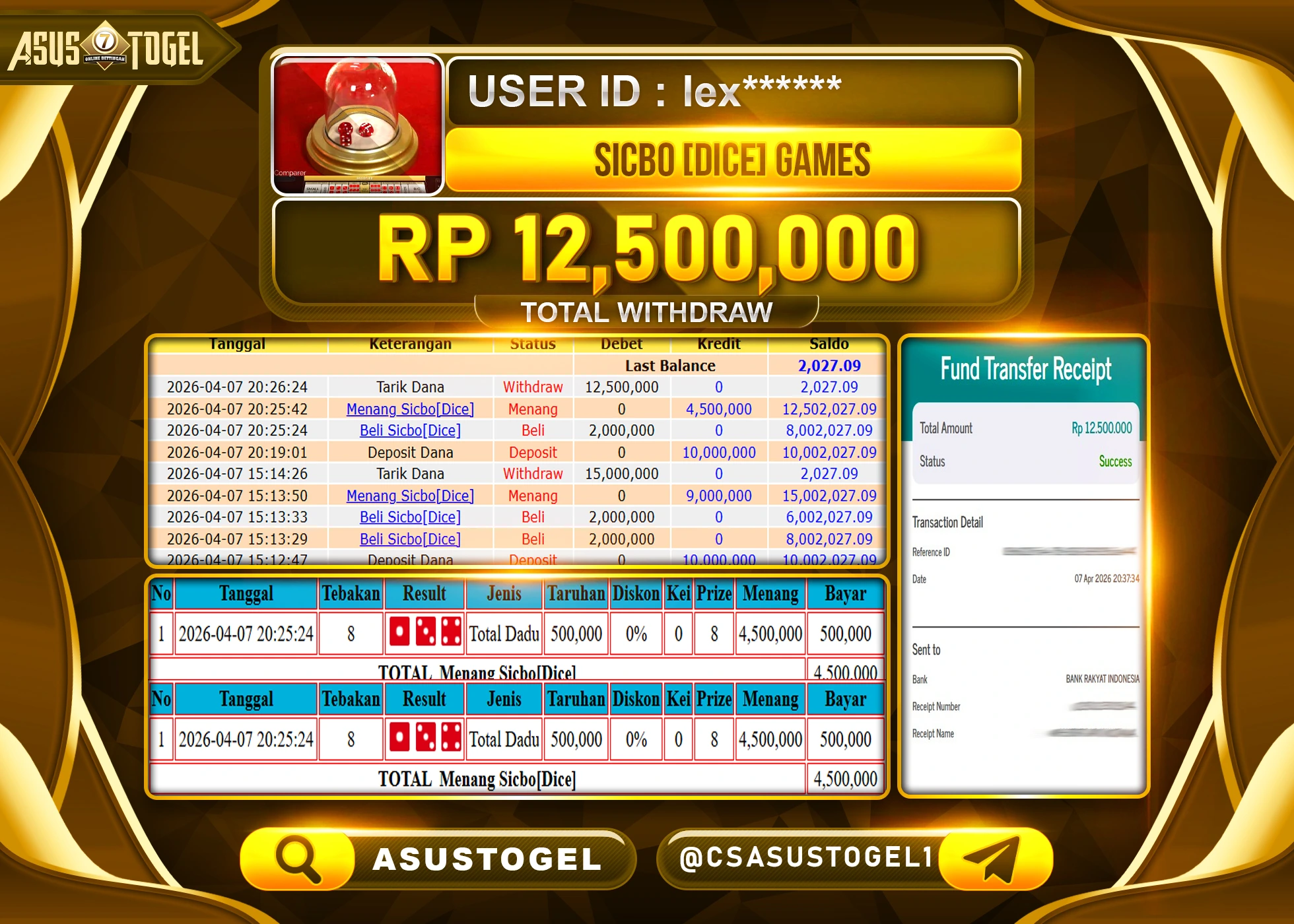 ASUSTOGEL KEMENANGAN JACKPOT DI PERMAINAN LIVE GAMES SICBO DICE SEBESAR Rp.12,500,000 - RUPIAH LUNAS