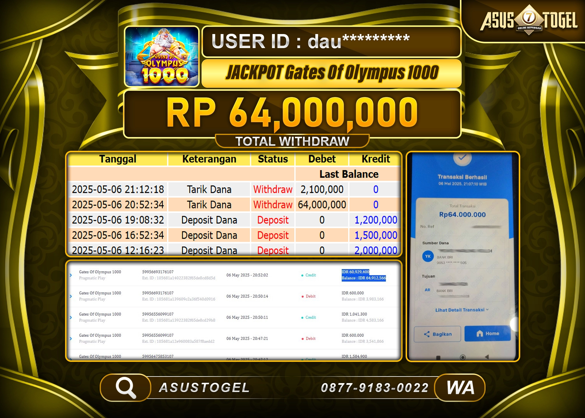 ASUSTOGEL KEMENANGAN DI SLOT GATES OF OLYMPUS 1000 SEBESAR 64,000,000- RUPIAH LUNAS