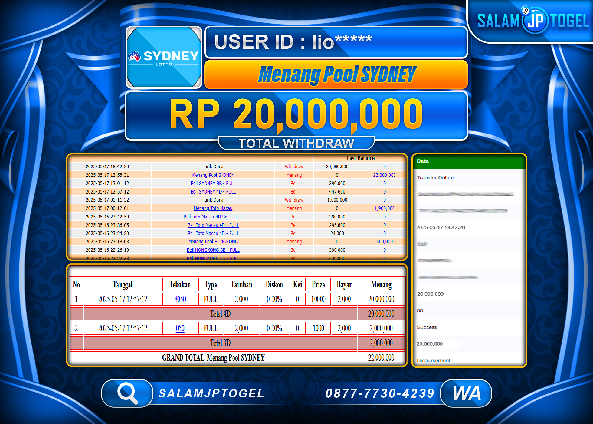 SALAMJPTOGEL MENANG SYDNEY LOTTO Rp.20,000,000 LUNAS