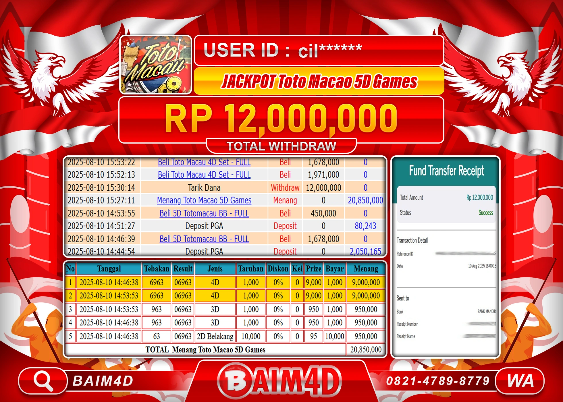 BAIM4D JACKPOT TOGEL TOTO MACAU 4D Rp.12,000,000.- LUNAS