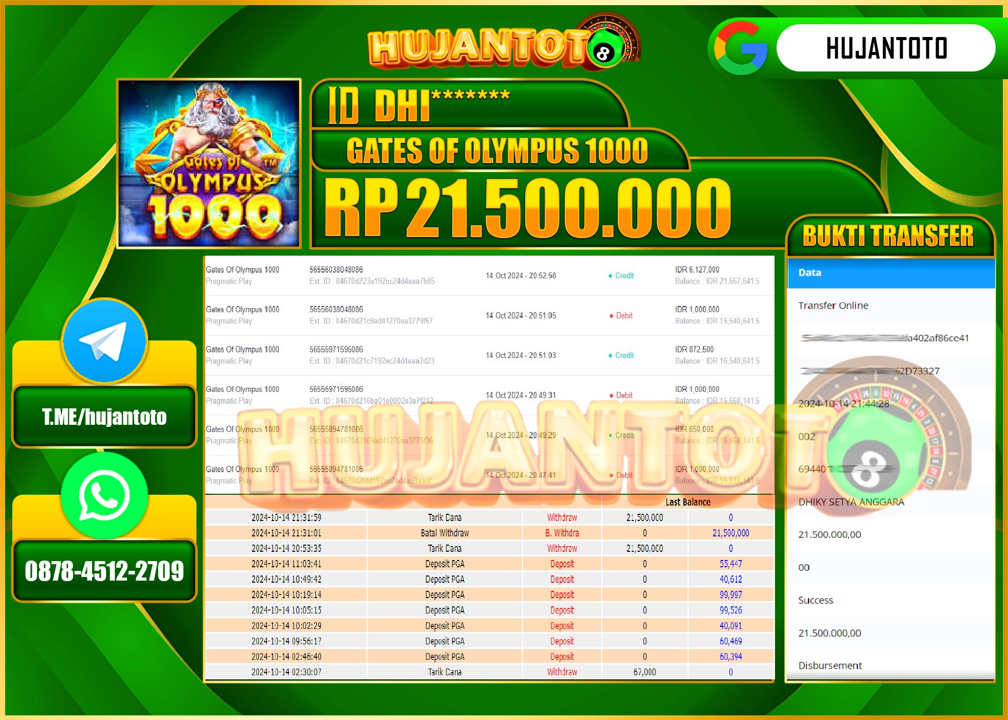 HUJANTOTO MENANG DI SLOT GATES OF OLYMPUS 1000  - 21,500,000- LUNAS 