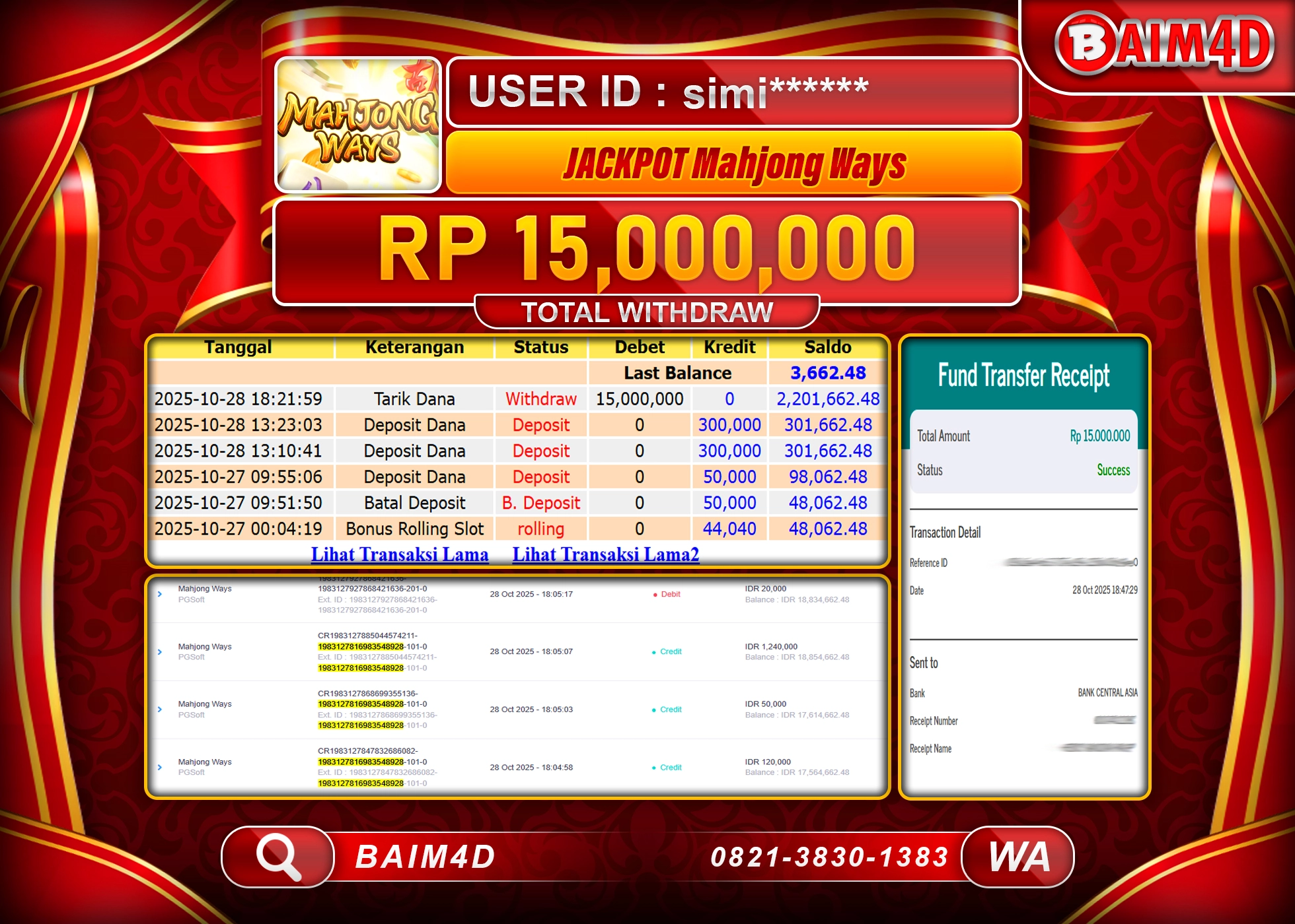 BAIM4D JACKPOT SLOT MAHJONG WAYS PG SOFT Rp.15,000,000- LUNAS
