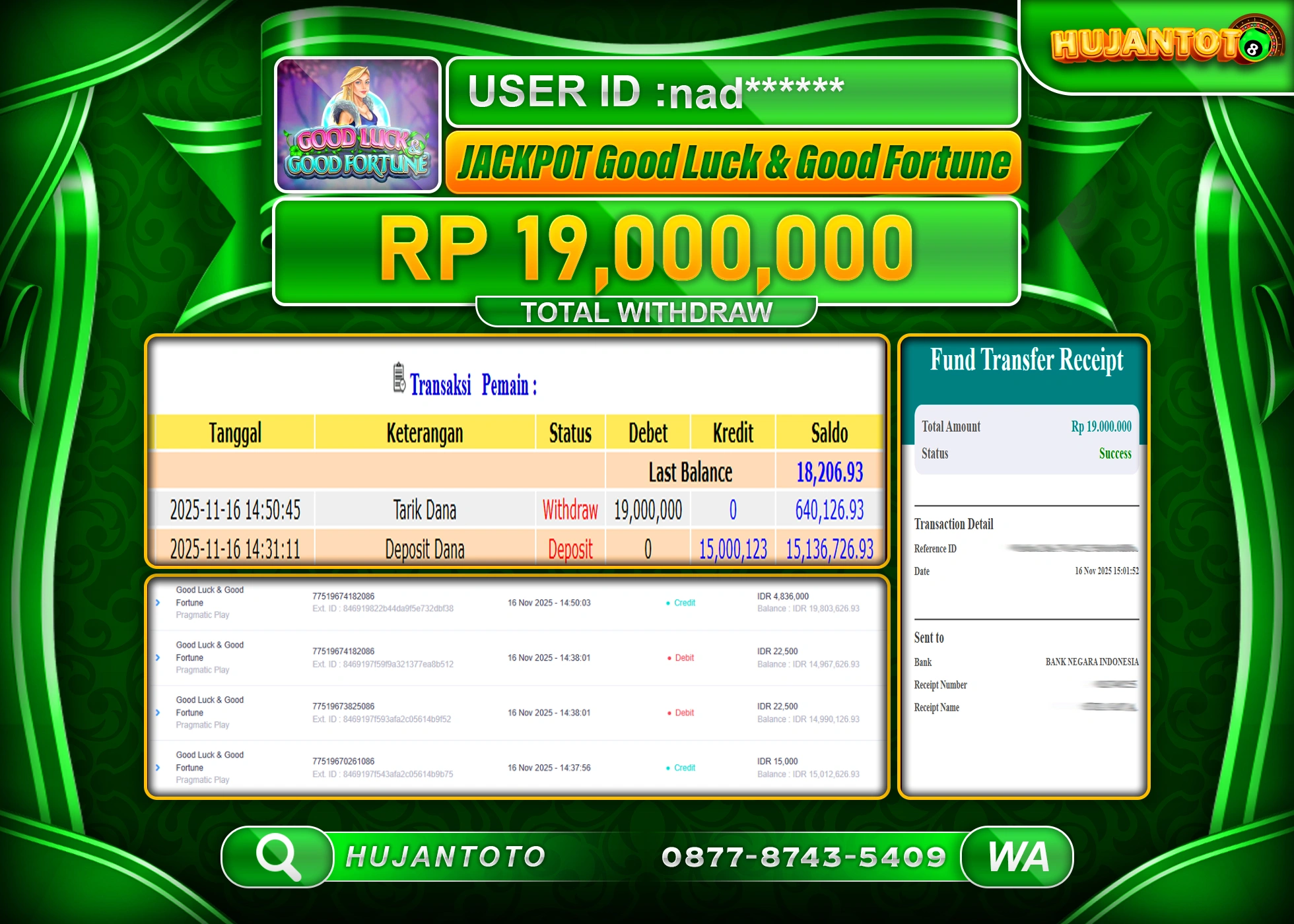 HUJANTOTO - BUKTI JACKPOT MENANG DI SLOT GOOD LUCK & GOOD FORTUNE Rp.19,000,000 - TERBAYAR LUNAS