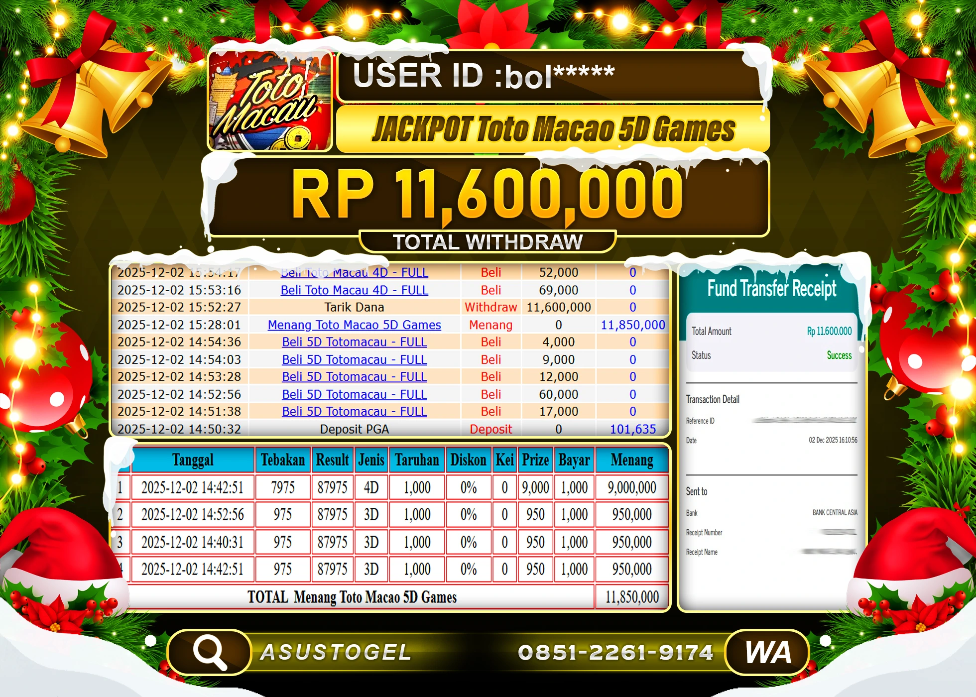 ASUSTOGEL KEMENANGAN DI TOGEL TOTO MACAU 5D SEBESAR 11,600,000 - RUPIAH LUNAS