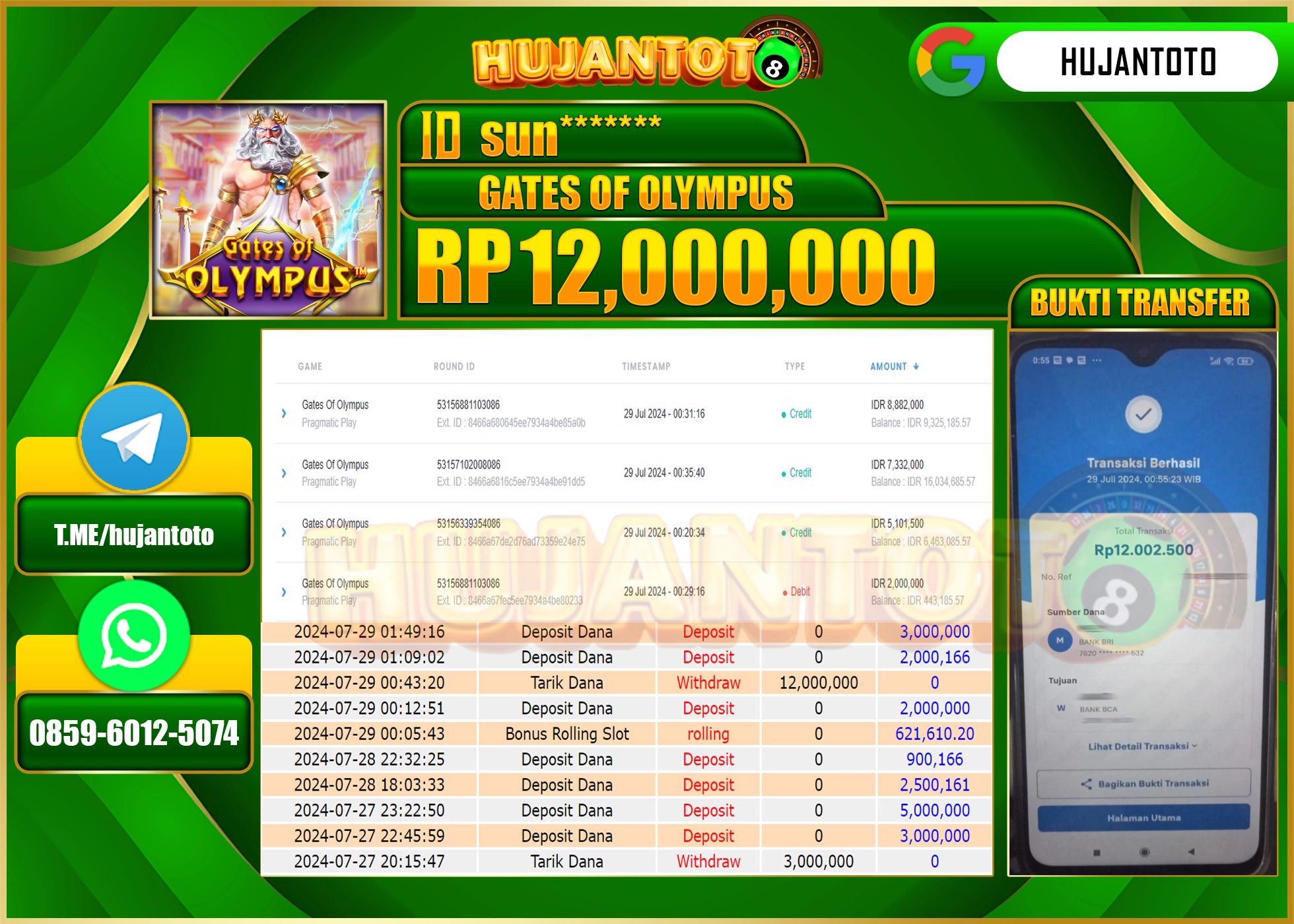 HUJANTOTO MENANG PERMAINAN GATES OF OLYMPUS 12.000.000 - LUNAS 