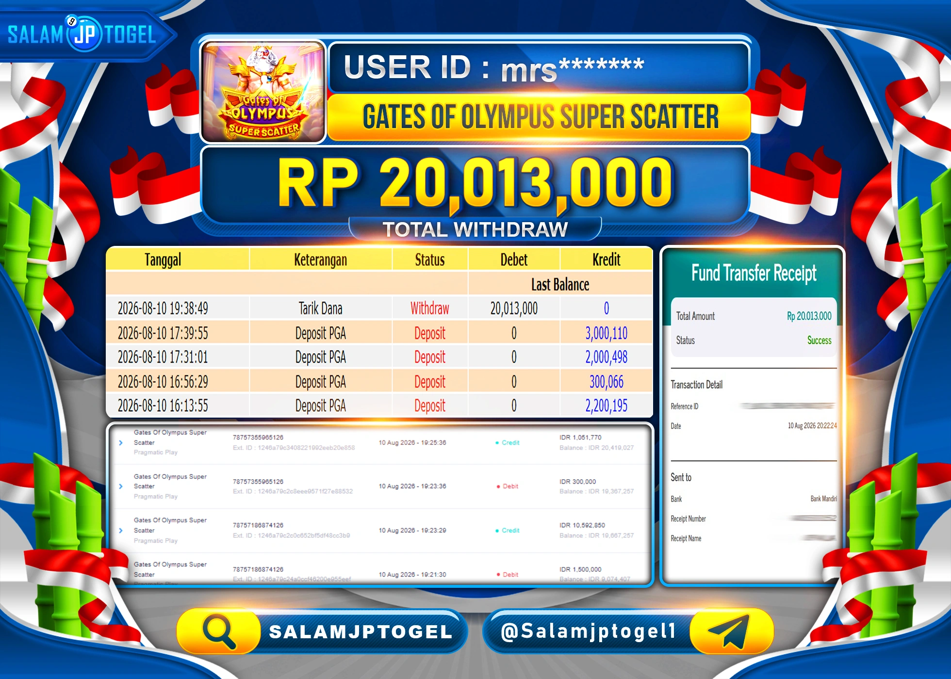 SALAMJPTOGEL JACKPOT MENANG SLOT GATES OF OLYMPUS SUPER SCATER Rp.20,013,000 - LUNAS