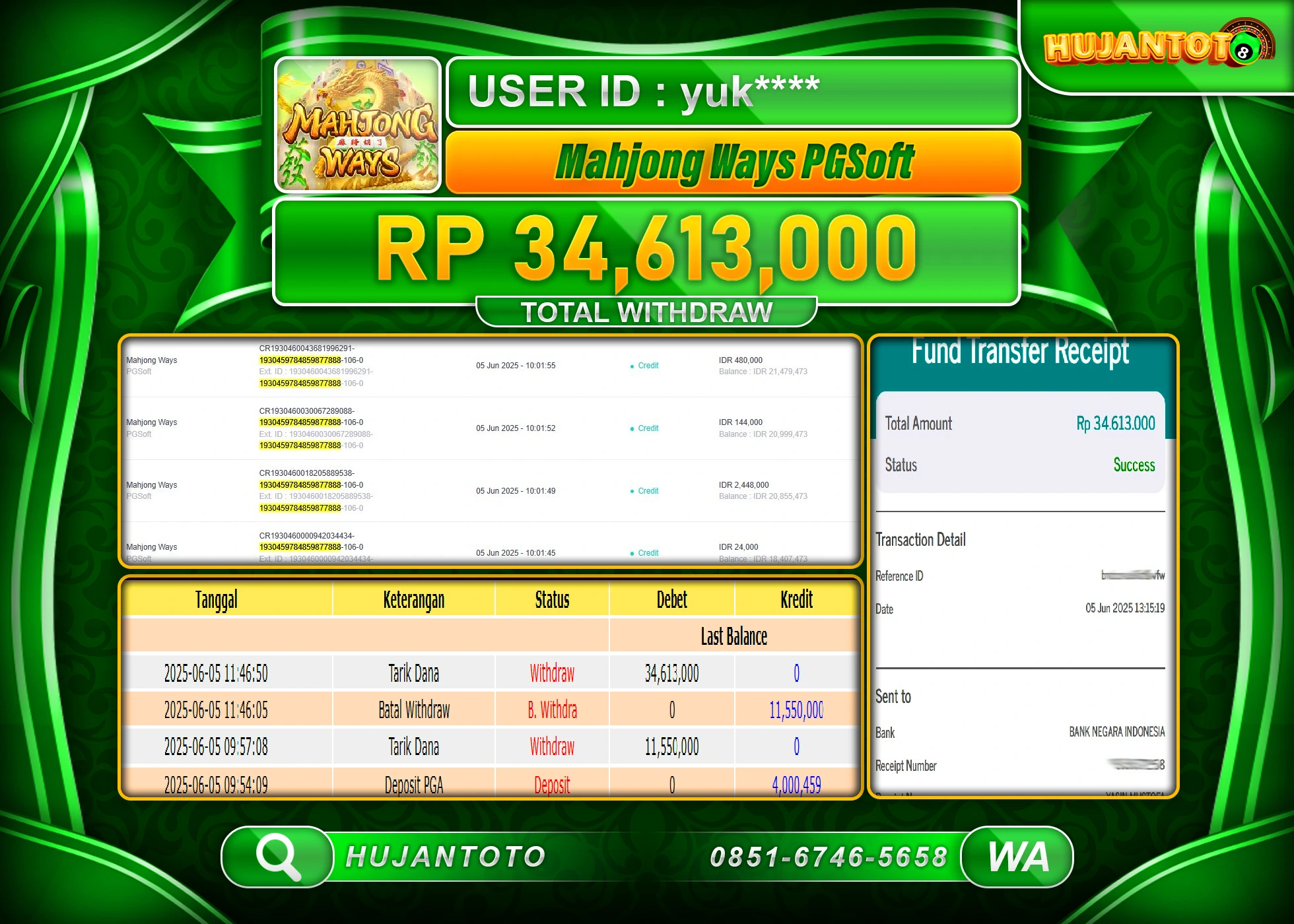 HUJANTOTO - BUKTI JACKPOT MENANG SLOT MAHJONG WAYS Rp.34,613,000 - TERBAYAR LUNAS