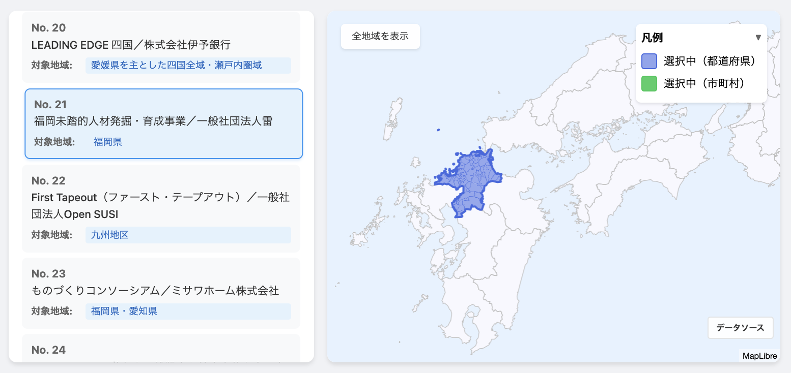 未踏AKATSUKI事業者マップの表事例（2026年度：福岡未踏）