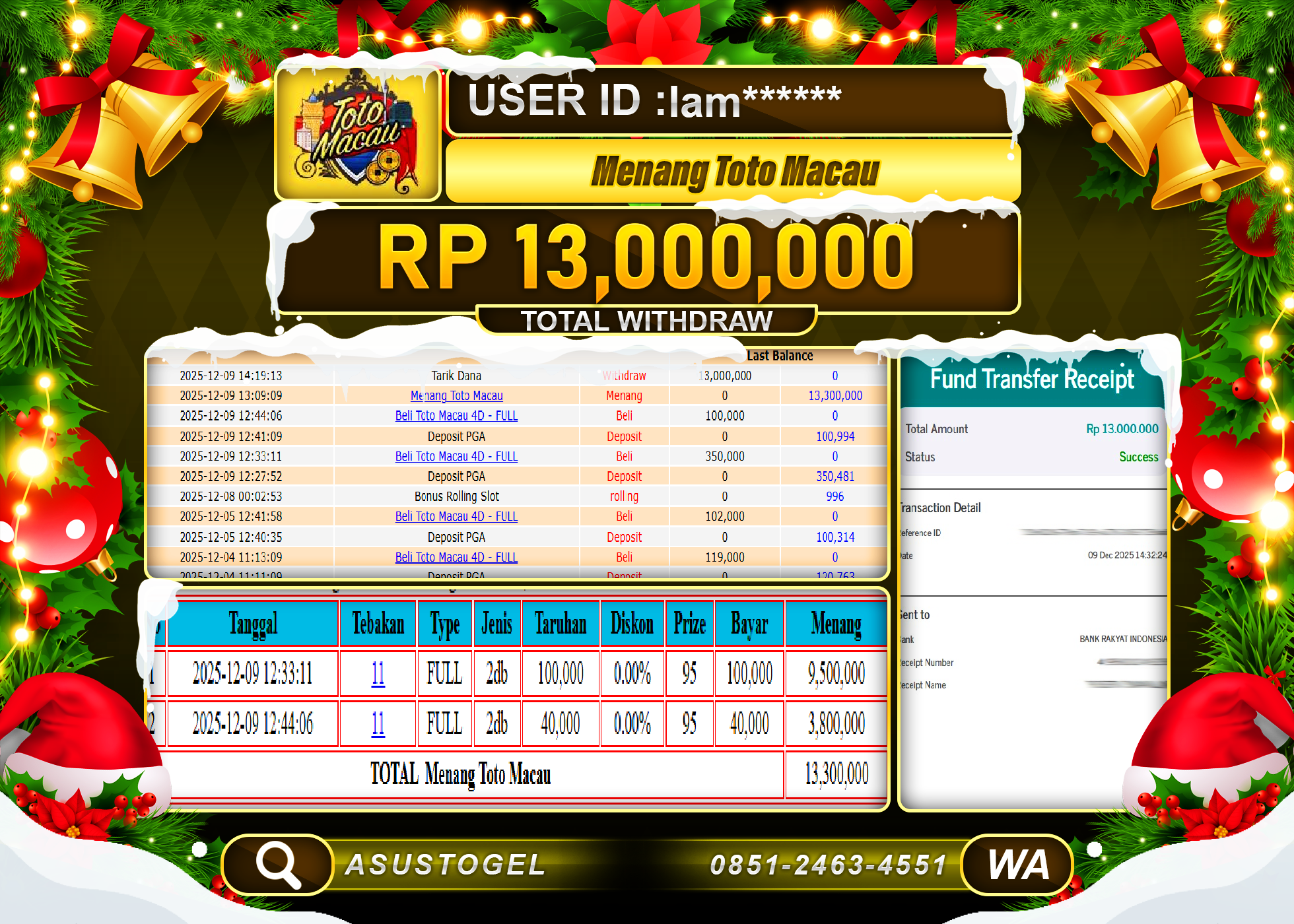 ASUSTOGEL KEMENANGAN DI TOGEL TOTO MACAU 4D  SEBESAR 13,000,000 - RUPIAH LUNAS