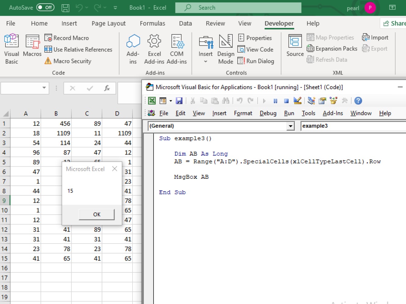 Screenshot of the code and result on finding the count of rows using both cell property and range method