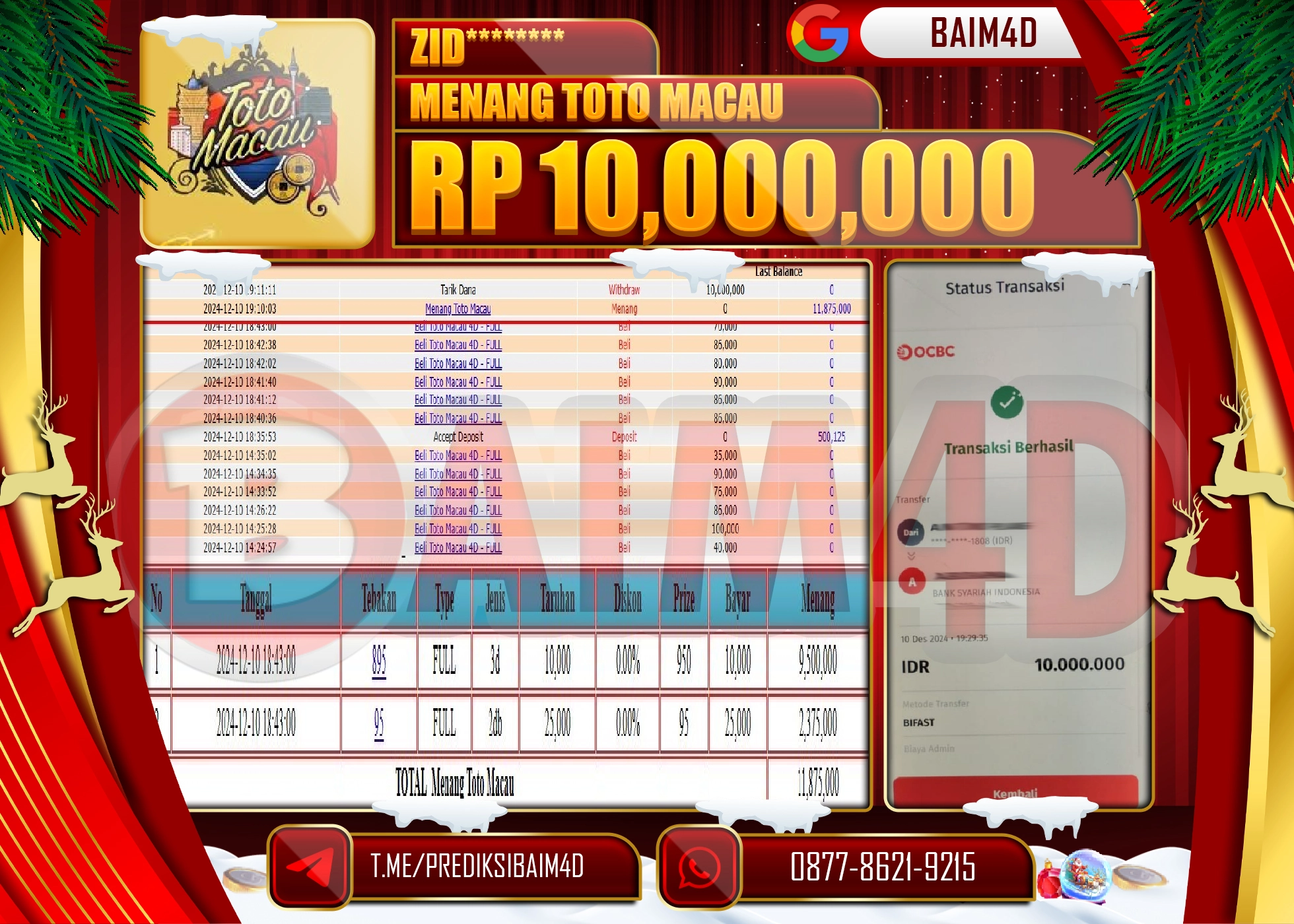 BAIM4D JACKPOT MENANG TOTO MACAU POOLS Rp.10.000,000.- LUNAS