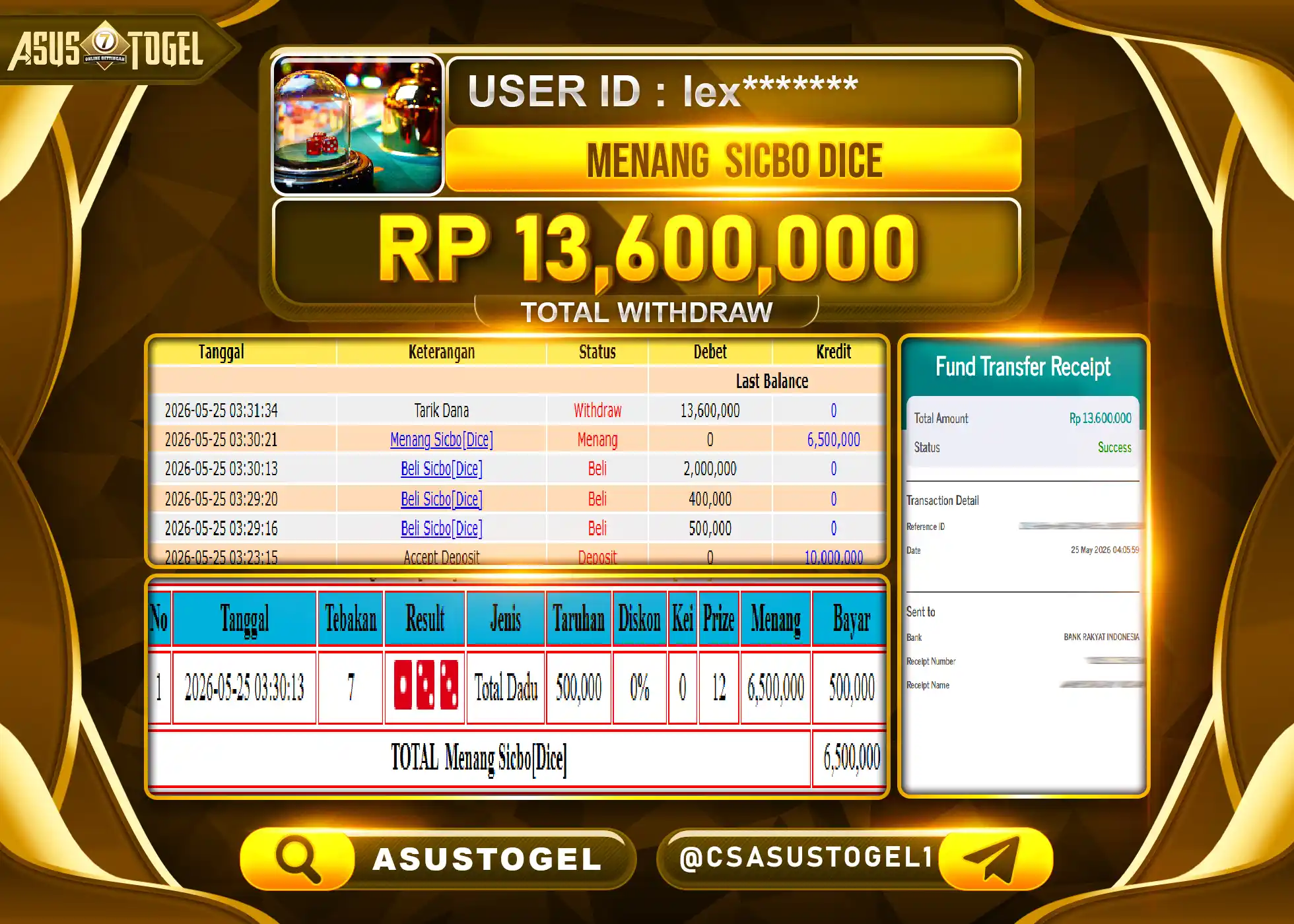 ASUSTOGEL KEMENANGAN JACKPOT LIVE GAME MENANG SICBO DICE Rp.13,600,000 - RUPIAH LUNAS