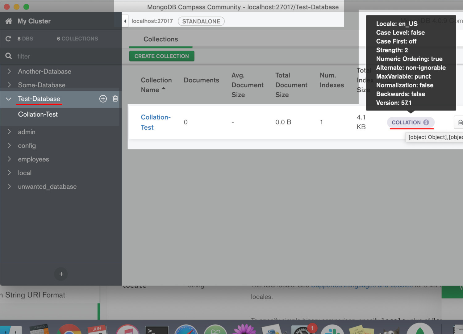 Screenshot of checking a collection's collation using the MongoDB Compass UI