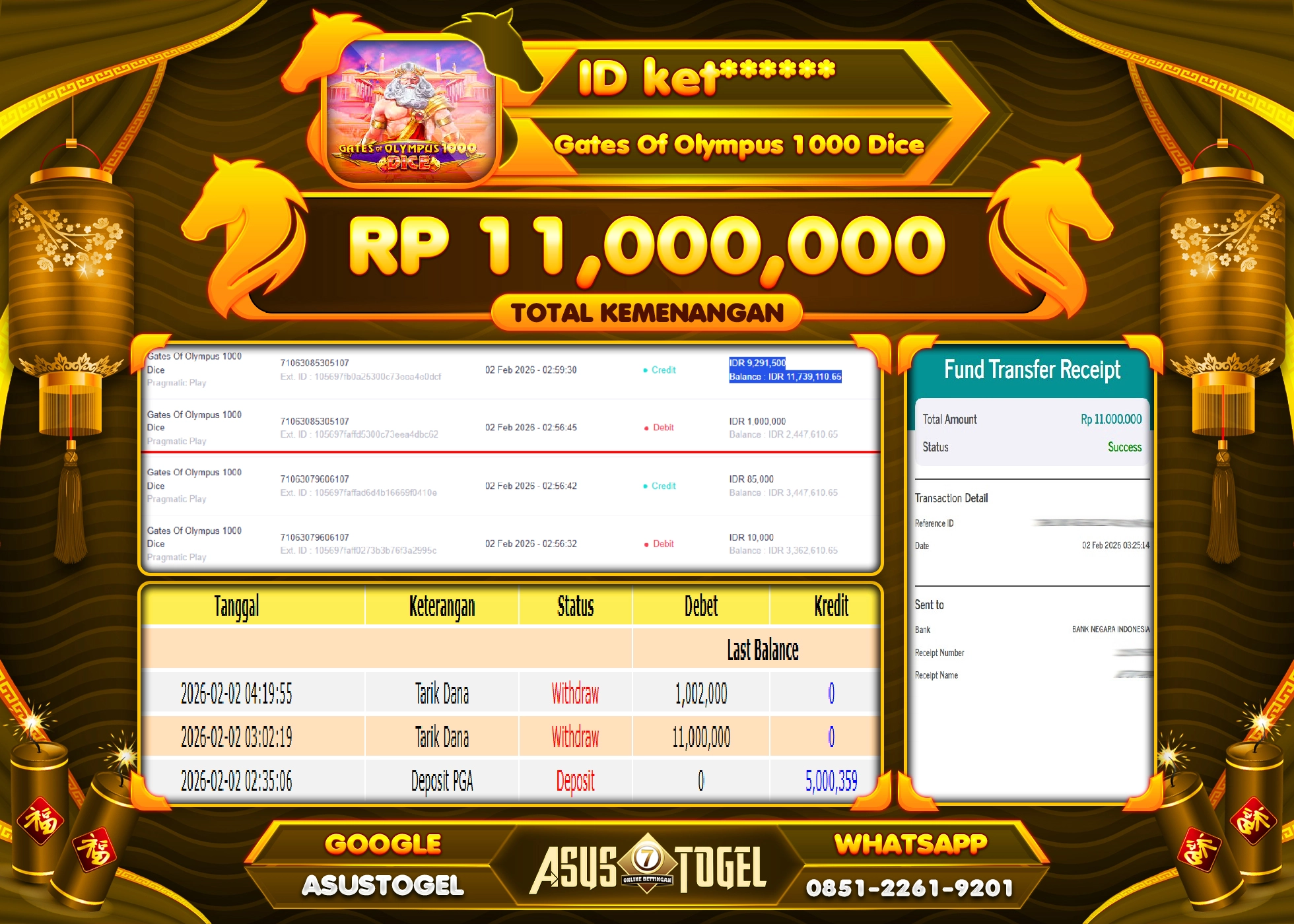 ASUSTOGEL KEMENANGAN DI SLOT GATES OF OLYMPUS 1000 SEBESAR 11,000,000 - RUPIAH LUNAS